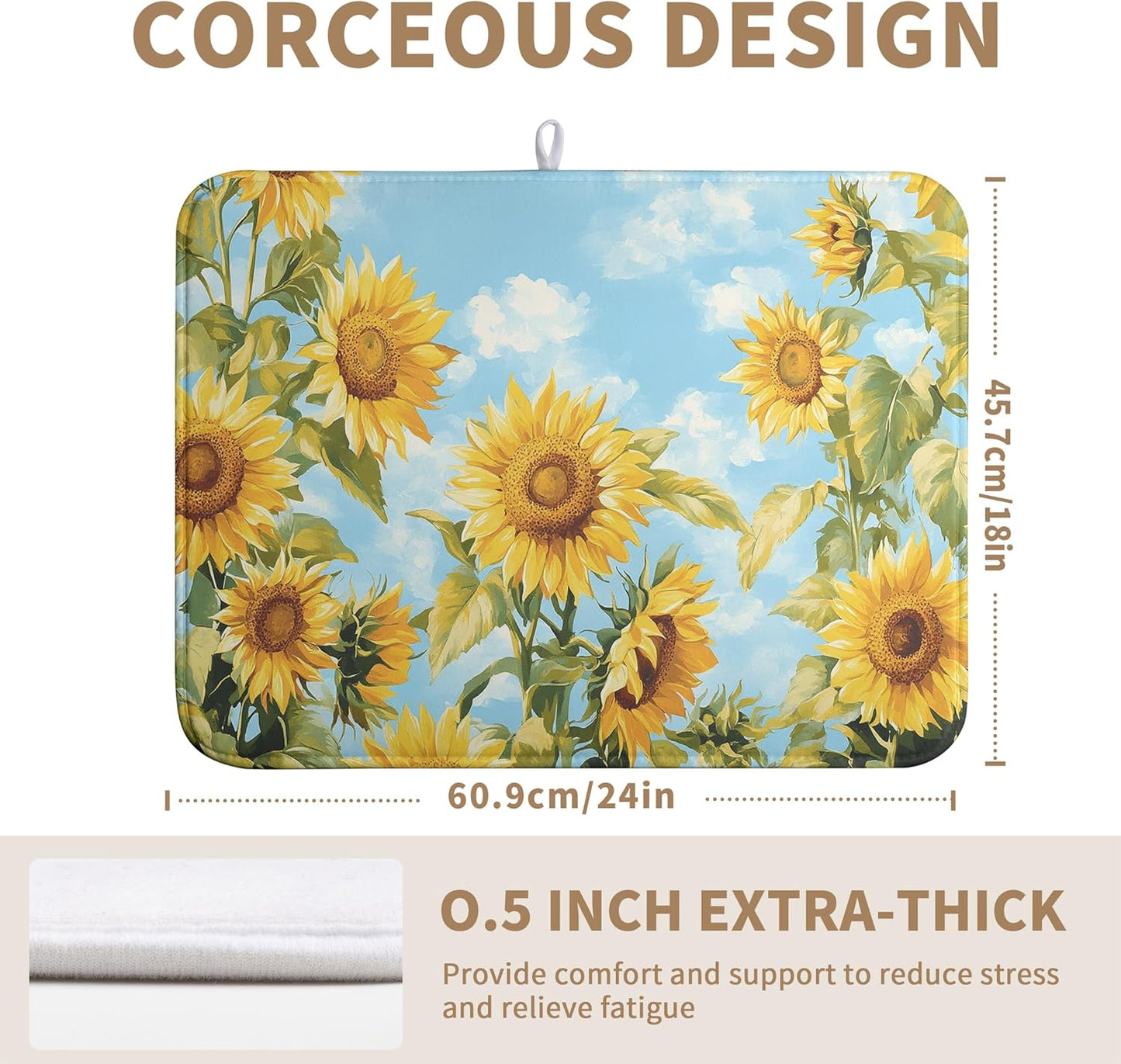 Summer Sunflower Dish Drying Mat for Kitchen Counter Watercolor Rustic Sunflowers Kitchen Dishes Dryer Pad Absorbent Matt Microfiber Washable Foldable Reusable Large 18x24 in