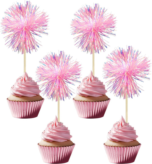 Gyufise 30Pcs Foil Firework Cupcake Toppers Sparkle Tinsel Cake Toppers Tinsel Drink Cake Decoration Cocktail Picks for Birthday Wedding Graduation Party Supplies Dark Pink