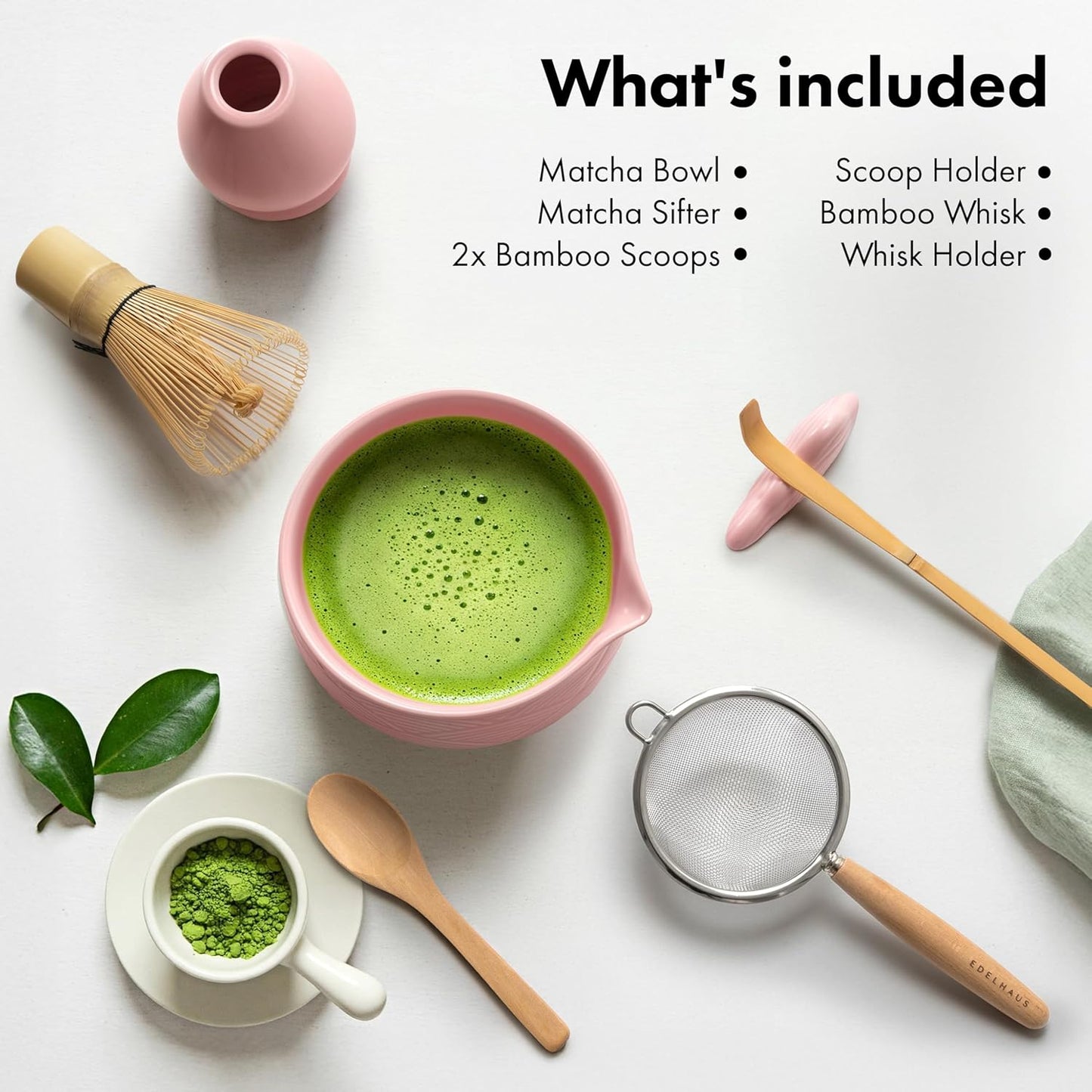 Matcha Whisk Set (7 Pcs) - Complete Matcha Set, Matcha Bowl with Spout, Whisk with Holder, Bamboo Scoop with Rest and Sifter, Perfect Kit for Matcha Lovers (Sakura Pink)
