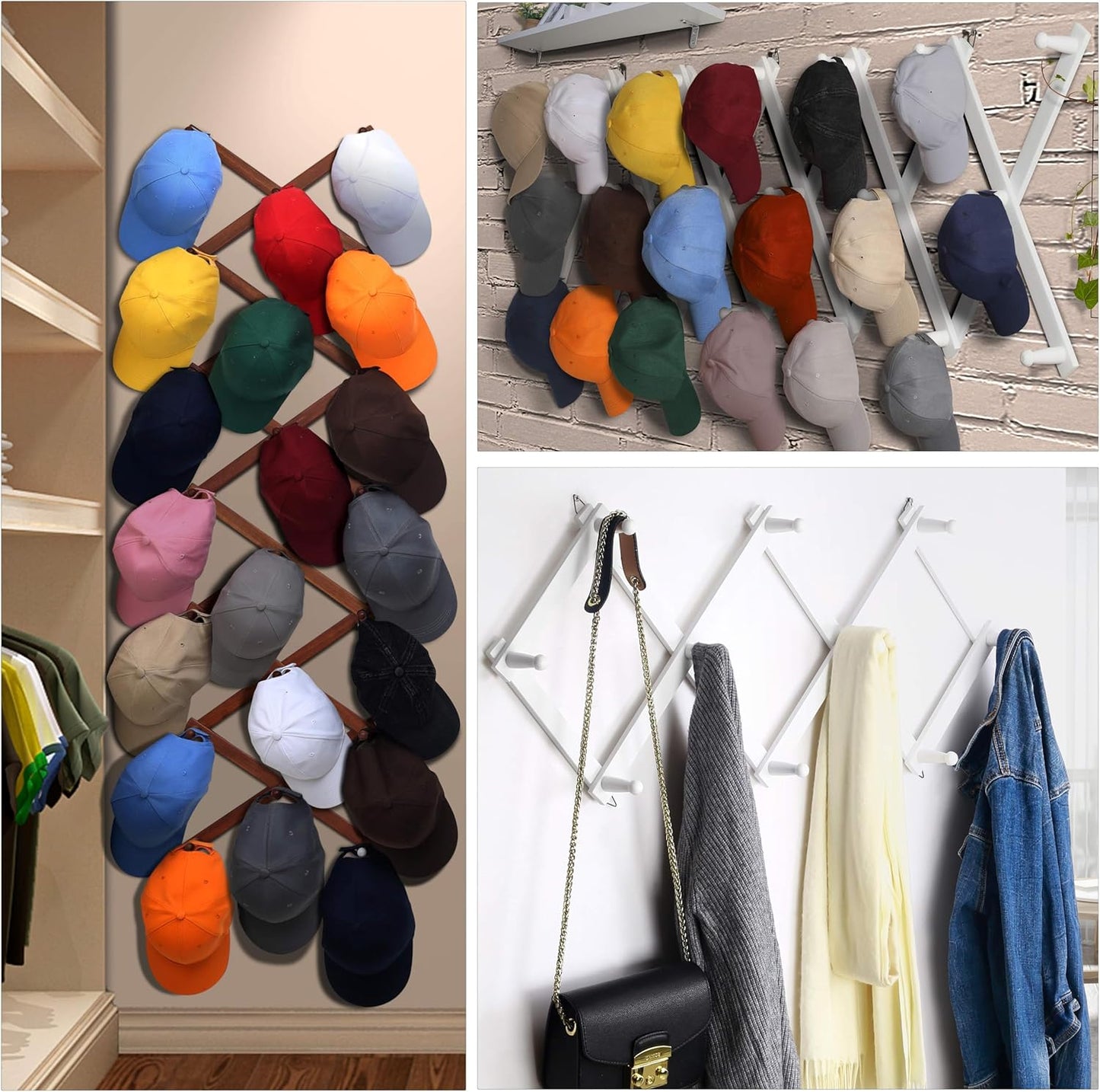 Dseap Accordion Wall Hanger:16'' High Wooden Expandable Coat Rack, Hat Rack for Wall,Accordion Hook for Baseball Caps,Coats,14 Peg Hooks,Dark Walnut