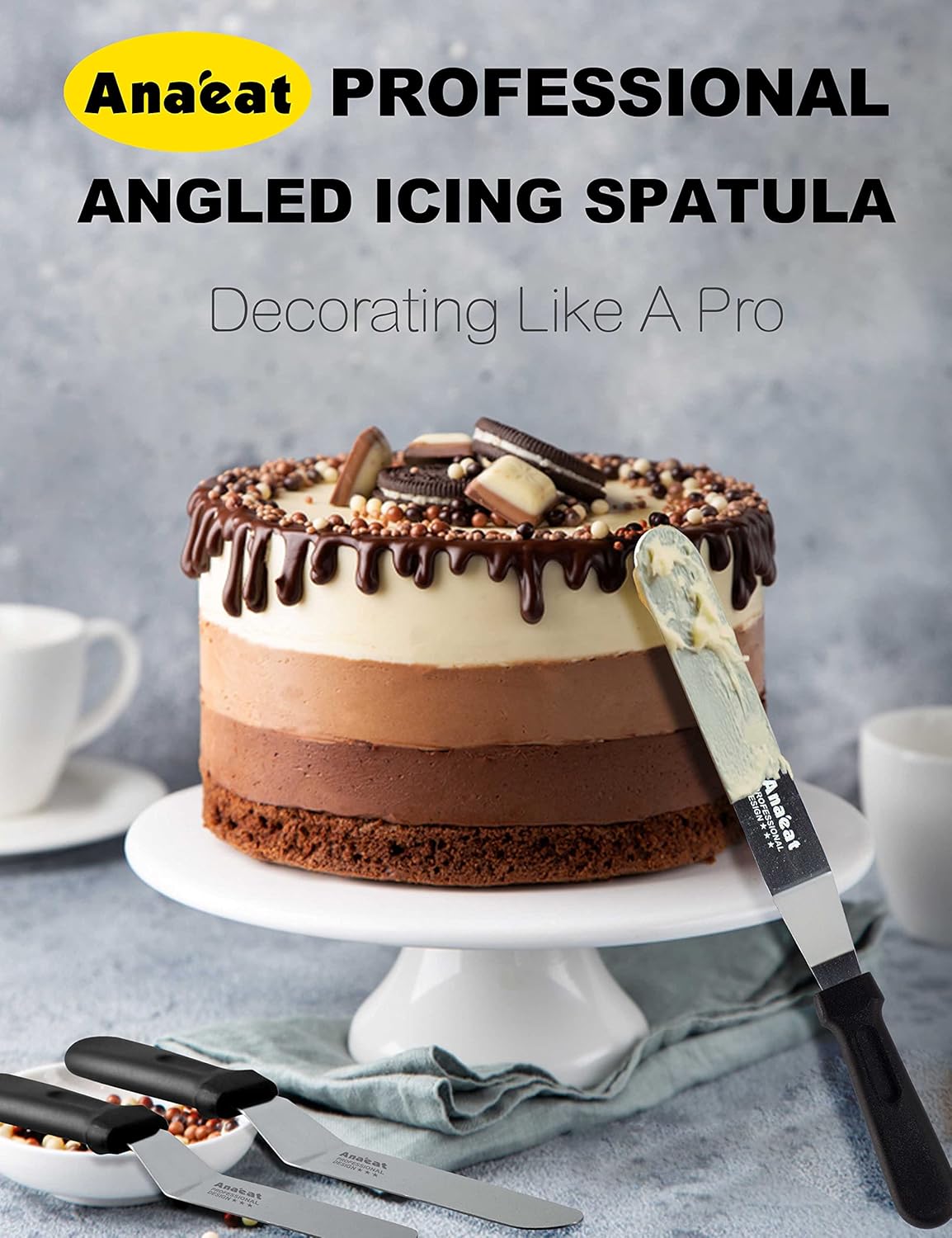 Anaeat Icing Spatulas, Set of 4 Professional Cake Angled Offset Spatula with 4", 6", 8", 10" Stainless Steel Blades - Thickened Frosting Knife with Plastic Handle for Cake Decorating, Pastry & Baking