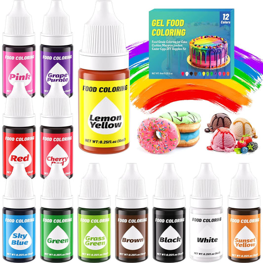 12 Color Gel Food Coloring Liquid Set-KATSPRO Food Grade Tasteless Vibrant Kids Food Coloring Dye for Baking Icing Cake Decorating Cookie Fondant, Frosting, Cookies, Christmas Baking, Easter Egg and DIY Supplies Kit - 0.25 Fl.oz(6ml)/Bottles