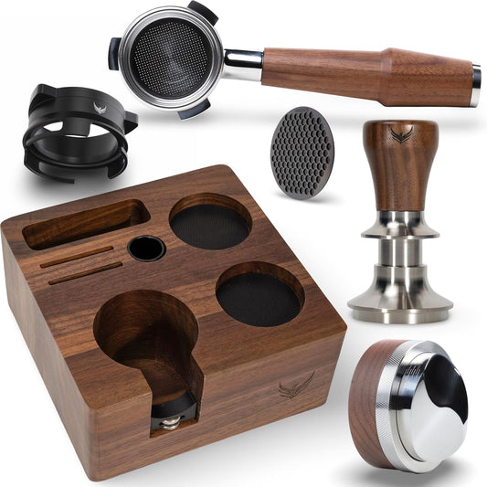 Breville Barista Express Accessories Kit 6pcs Includes 54mm Walnut Tamping Stand, Auto Leveling Tamper, Distributor, Bottomless Portafilter, Dosing Funnel and Puck Screen