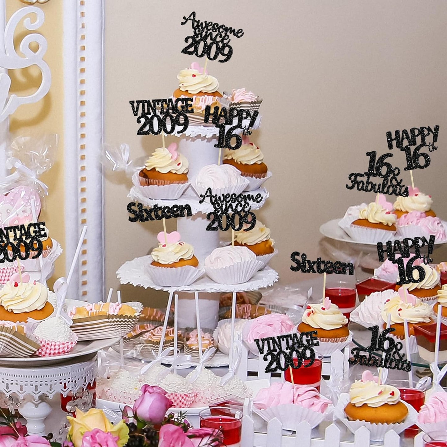 Gyufise 30Pcs Vintage 2009 Cupcake Toppers Glitter Sweet 16 Happy 16th Birthday Cake Decorations for Happy 16th Birthday Fabulous Anniversary Party Supplies Black