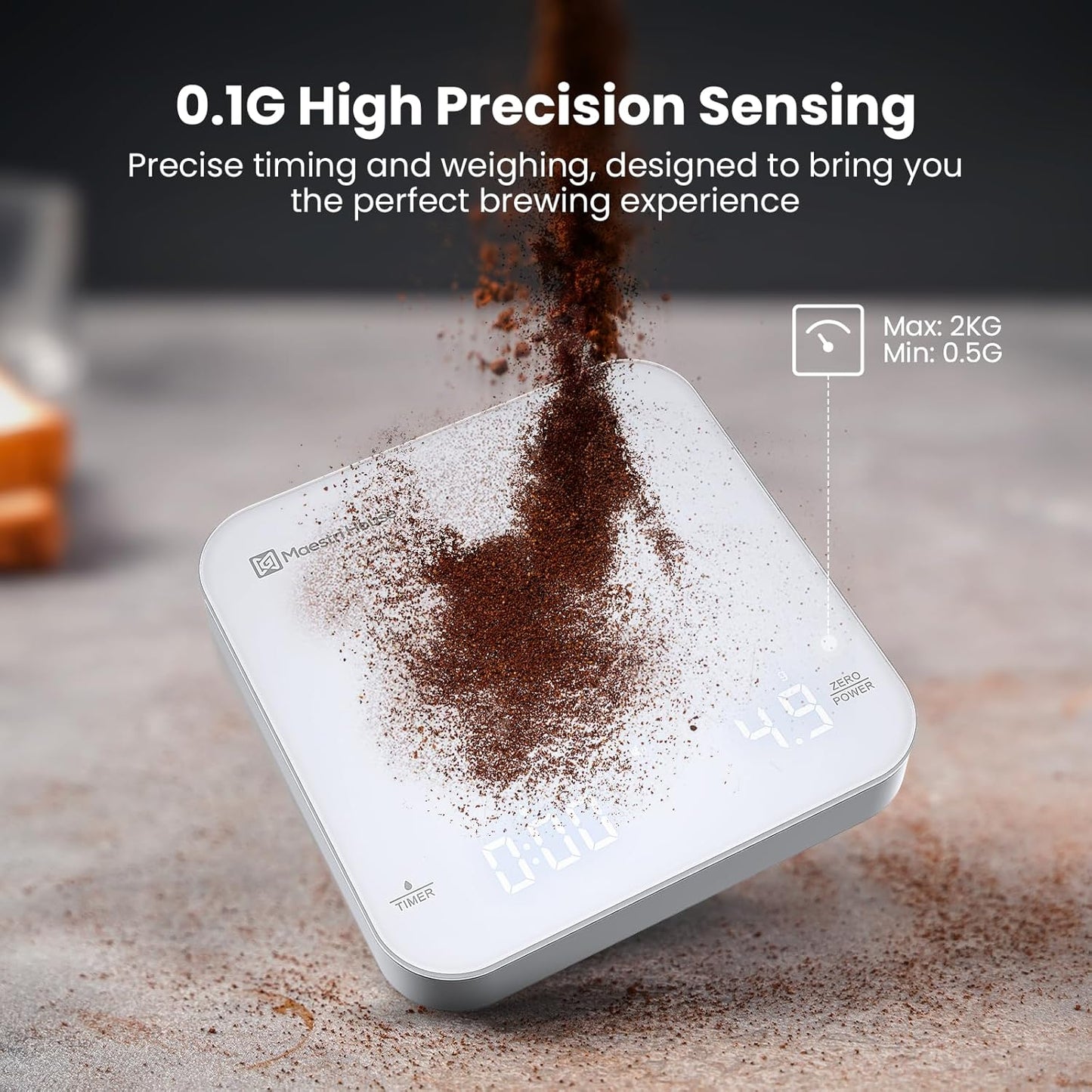 Rechargeable Mini Coffee Scale with Timer, Maestri House Espresso Scale, 2kg/0.1g Accurate Scale for Espresso and Pour-Over Coffee, Portable Digital Kitchen Scale with Automatic Timing（White&Silver）