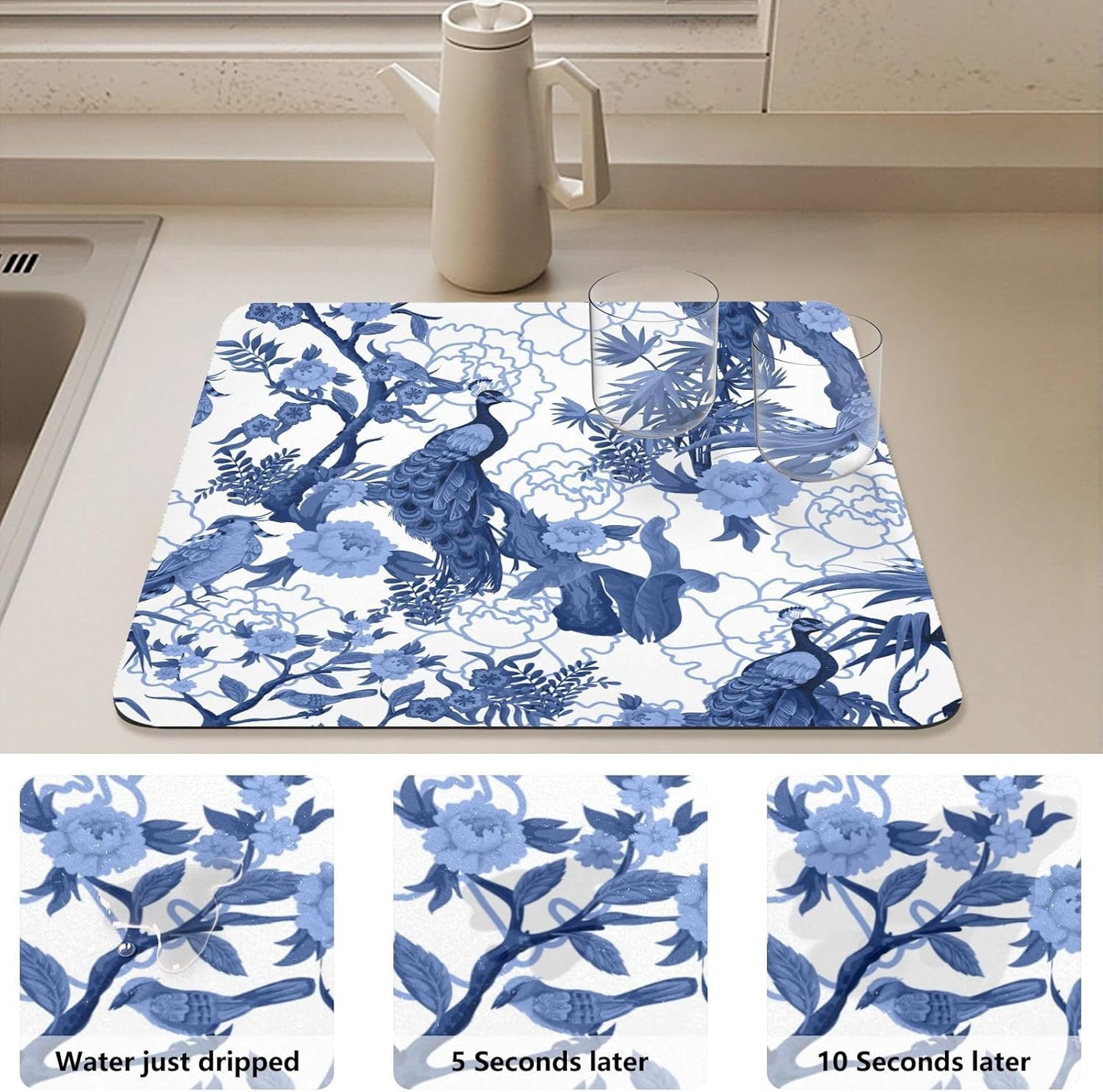 Dish Drying Mat for Kitchen Counter,Blue Peacocks Birds Dish Drying Pad with Non-slip Rubber Backed 19.7"x15.7" Hide Stain Anti Absorbent for Kitchen Counter, Drying Mat for Coffee Machine