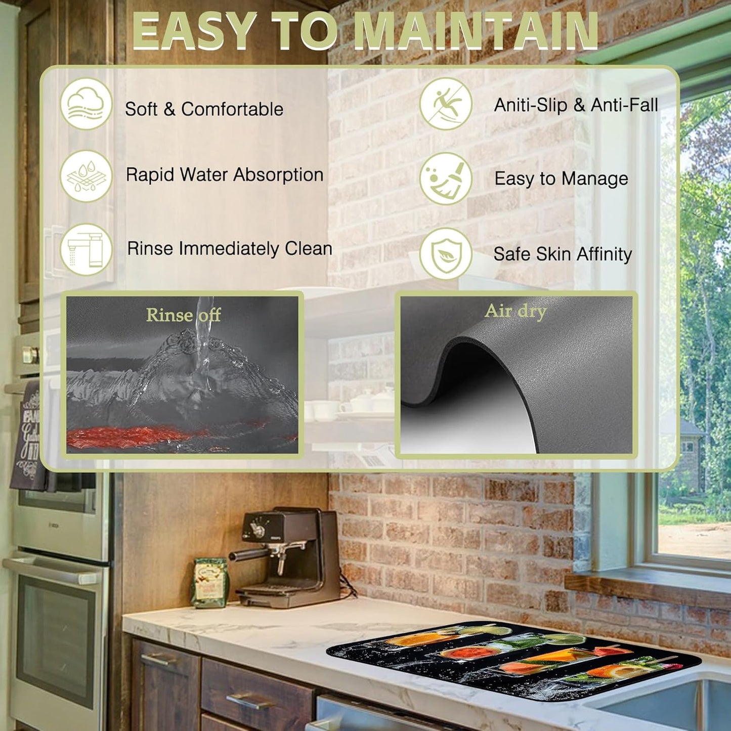 Dish Drying Mat Glasses Filled with Various Fruits Kitchen Mat 12"x19" Bsorbent Coffee Maker Mat for Dishes,Utensils Coffee Maker Pots and Pans Easy Clean Dish Slip Resistant Pad