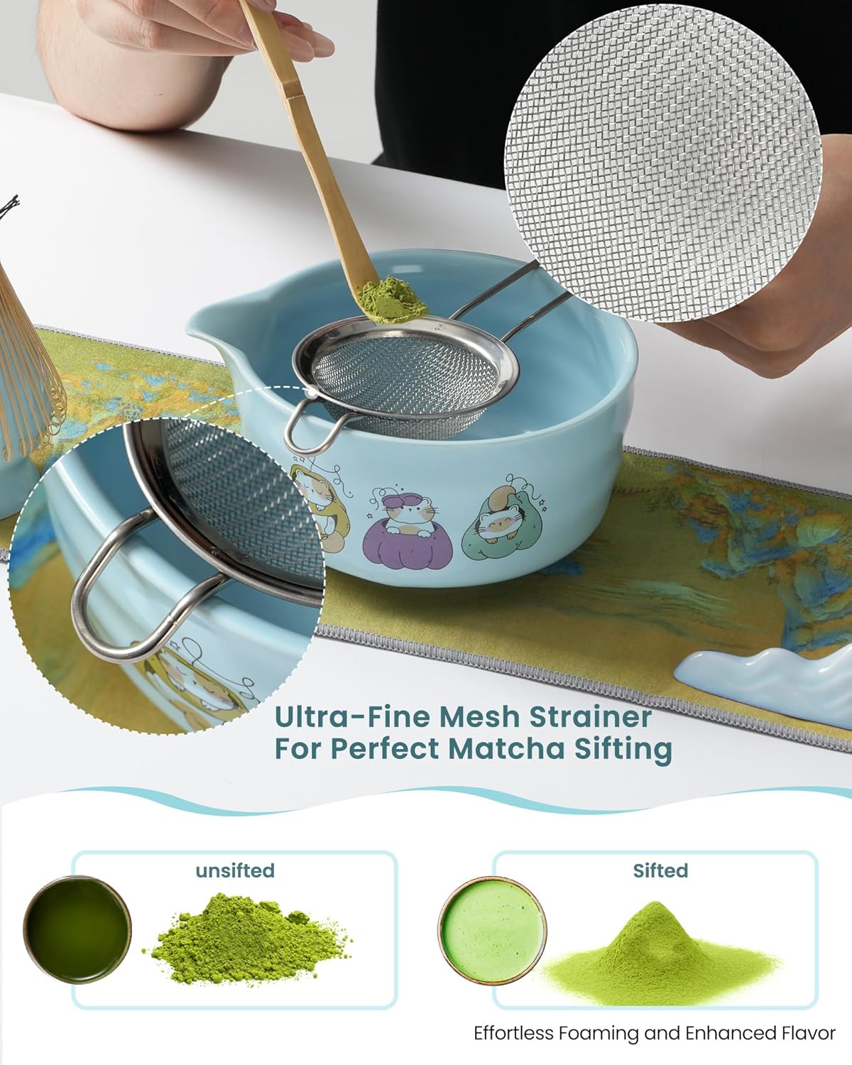 Matcha Whisk Set, Ceramic Matcha Set Includes Matcha Bowl, Matcha Whisk and Holder, Bamboo Scoop, Scoop Rest, Sifter and Tea Towel - 7 Pcs Matcha Kit(Blue)