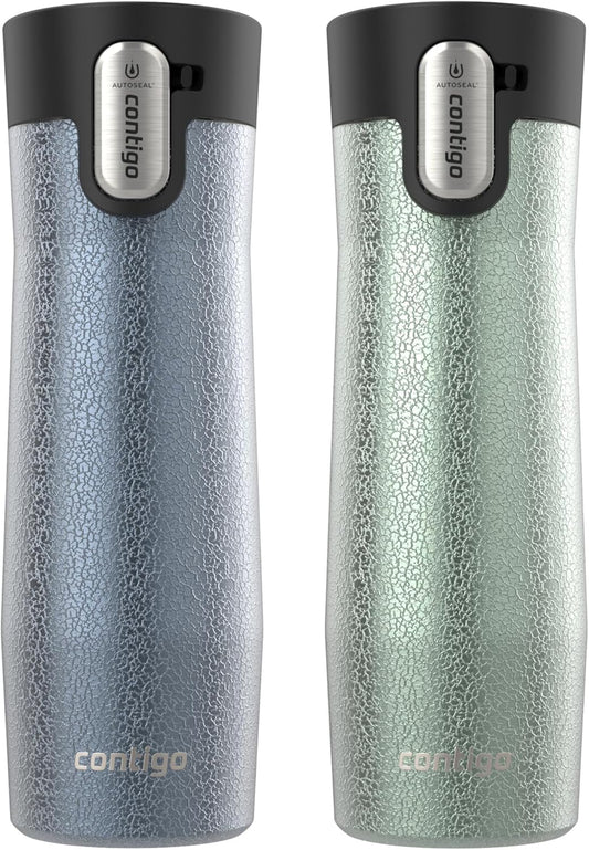 Contigo® AUTOSEAL® West Loop Vacuum-Insulated Stainless Steel Travel Mug with Easy-Clean Lid, 20 oz, 2 pack, Crystal Lakeside; Crystal Agave