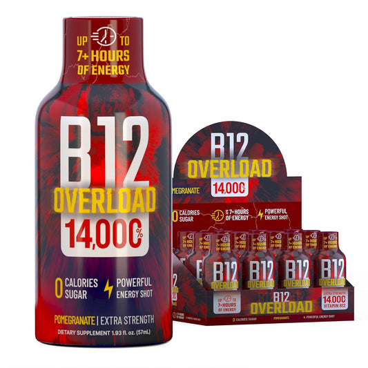 B12 Overload Extra Strength Energy Shot – Pomegranate – 260mg Caffeine, 14000% B12, Electrolytes – Energy & Vitality Support – Zero Sugar No Calories – Vegan, Kosher, Gluten-Free – 1.93 fl oz, 12-Pack