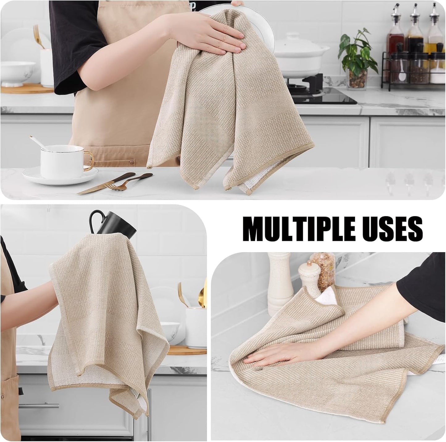 Homaxy Premium Kitchen Towels(18”x 28”, 8 Pack), Large Cotton Kitchen Hand Towels, Flat and Terry Dish Towels, 380 GSM Highly Absorbent Tea Towel Set with Hanging Loop, Khaki