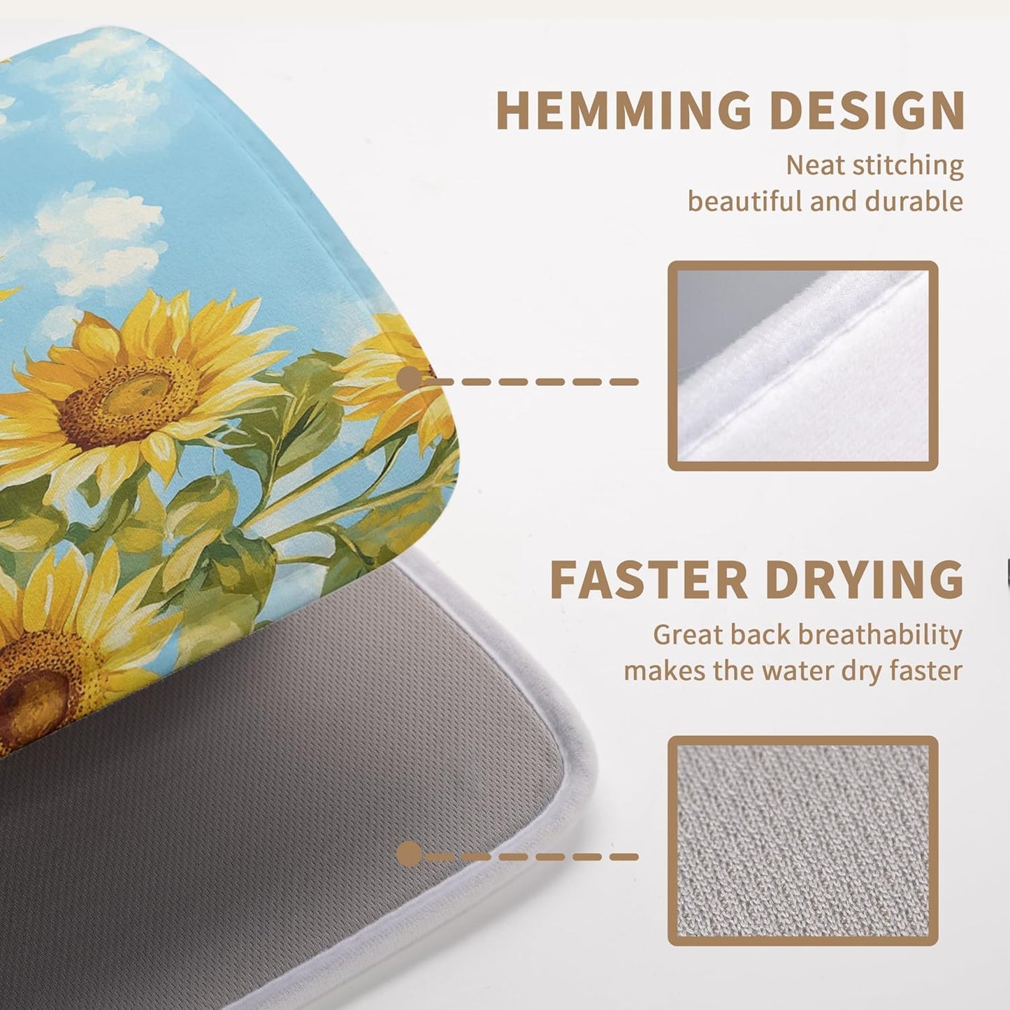 Summer Sunflower Dish Drying Mat for Kitchen Counter Watercolor Rustic Sunflowers Kitchen Dishes Dryer Pad Absorbent Matt Microfiber Washable Foldable Reusable Large 18x24 in