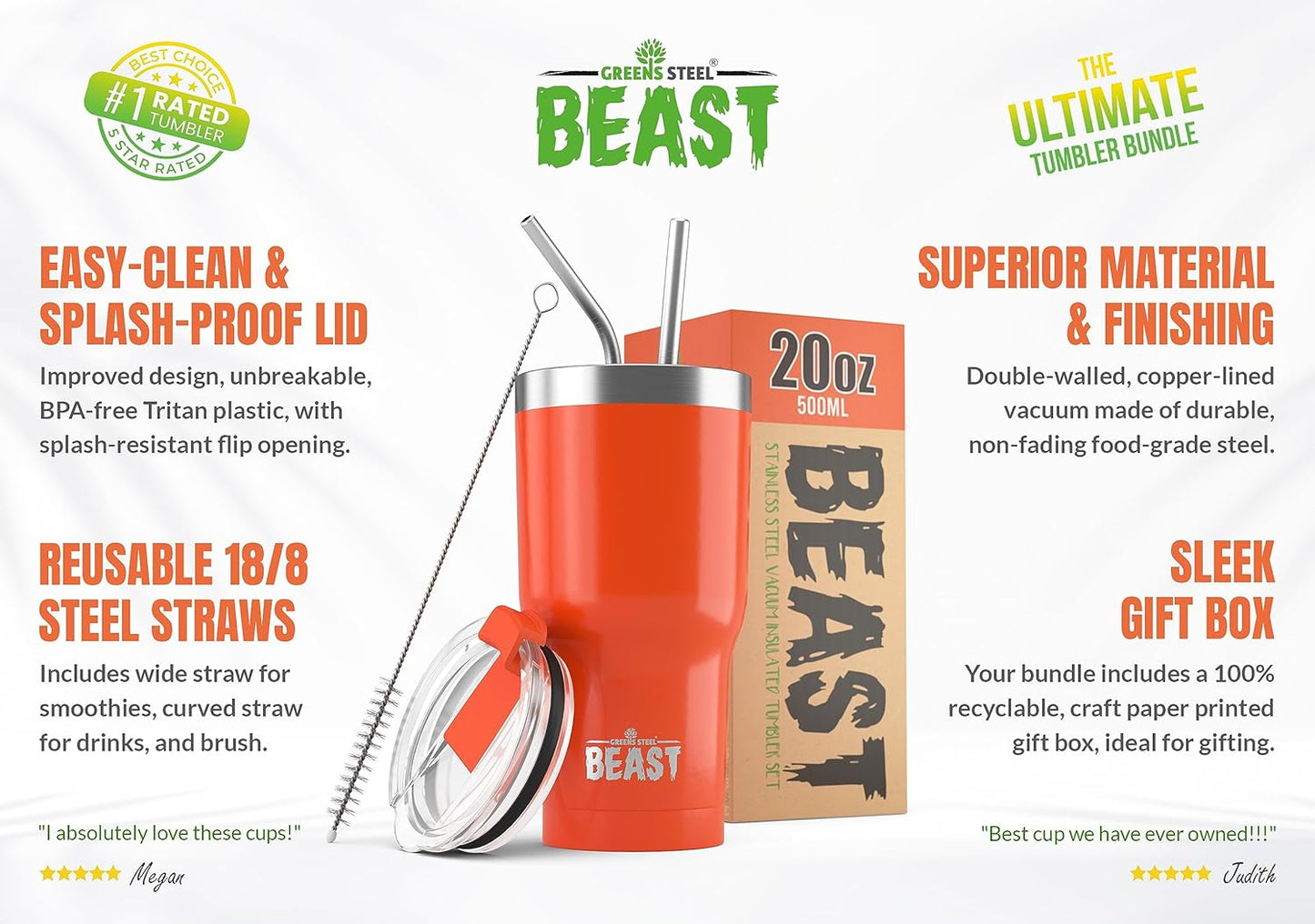 Beast 20 oz Tumbler Stainless Steel Vacuum Insulated Coffee Ice Cup Double Wall Travel Flask (Orange)