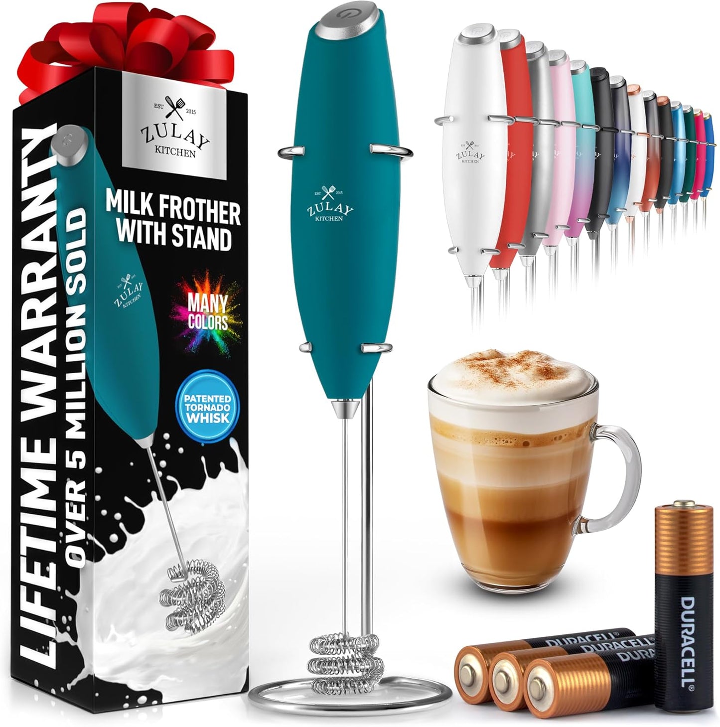 Zulay Kitchen Tornado Whisk Milk Frother with 4 AA Duracell Batteries - Triple Whisk for More Power - Handheld Coffee Frother with Stand - Drink Mixer for Lattes, Matcha & Protein Shakes
