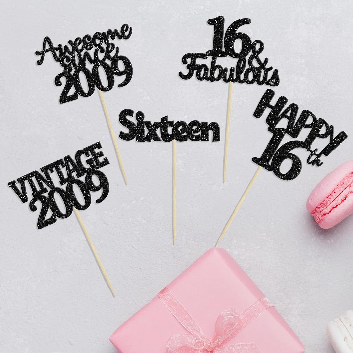 Gyufise 30Pcs Vintage 2009 Cupcake Toppers Glitter Sweet 16 Happy 16th Birthday Cake Decorations for Happy 16th Birthday Fabulous Anniversary Party Supplies Black