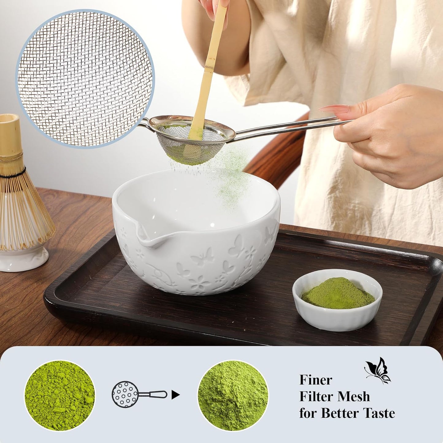 7 PCS Matcha Set Ceramic Matcha Making Kit, Bamboo Whisk, Bowl With Spout, Powder Starter Sifter, Ceramic Whisk Holder, Tea Towel, Scoop and Scoop Rest Matcha Whisk Set for Matcha Lover White