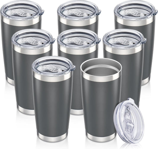 20 oz Tumbler with Lid Stainless Steel Insulated Tumblers Bulk Double Wall Vacuum Cups Powder Coated Travel Mug Keep Drink Cold and Hot, Grey, 8 Pack