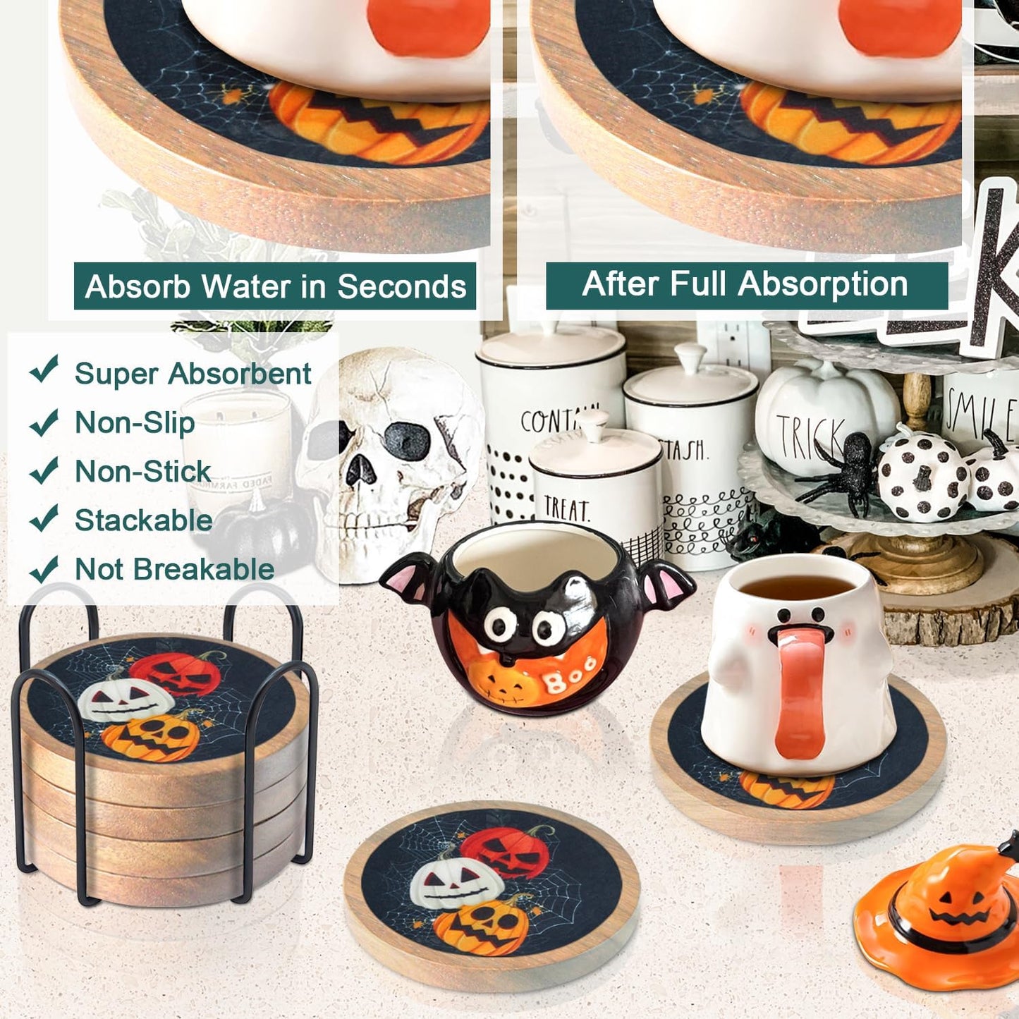 Halloween Coasters Set of 6, Pumpkins Coaster, Minacun Black Absorbent Coasters with Holder Halloween Thanksgiving Themed Party Decoration 4.3 Inch