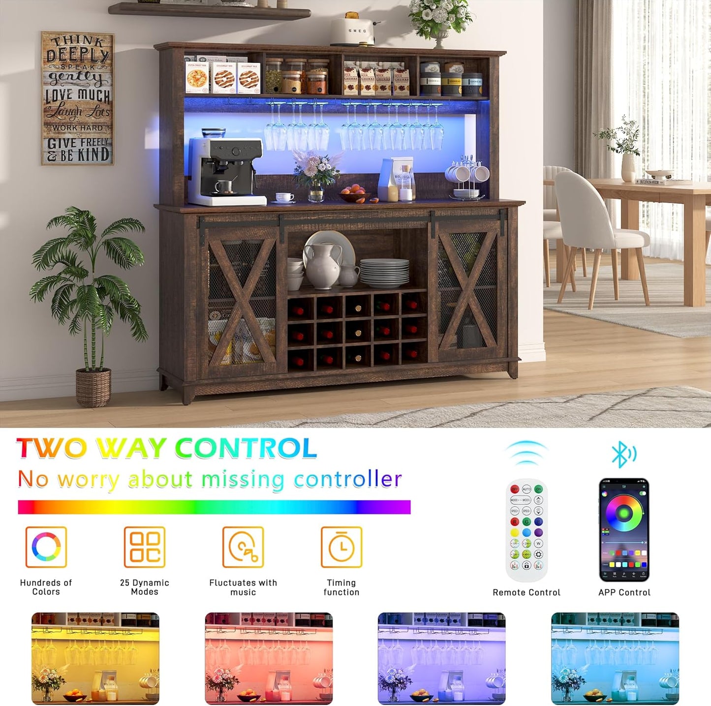 63"W Farmhouse Coffee Bar Cabinet with LED Light,Wine Bar Cabinet w/ 4 Tier Storage Hutch,Kitchen Buffet Cabinet w/Sliding Barn Door & 15 Wine and Glass Racks for Kitchen Dining Room(Brown)