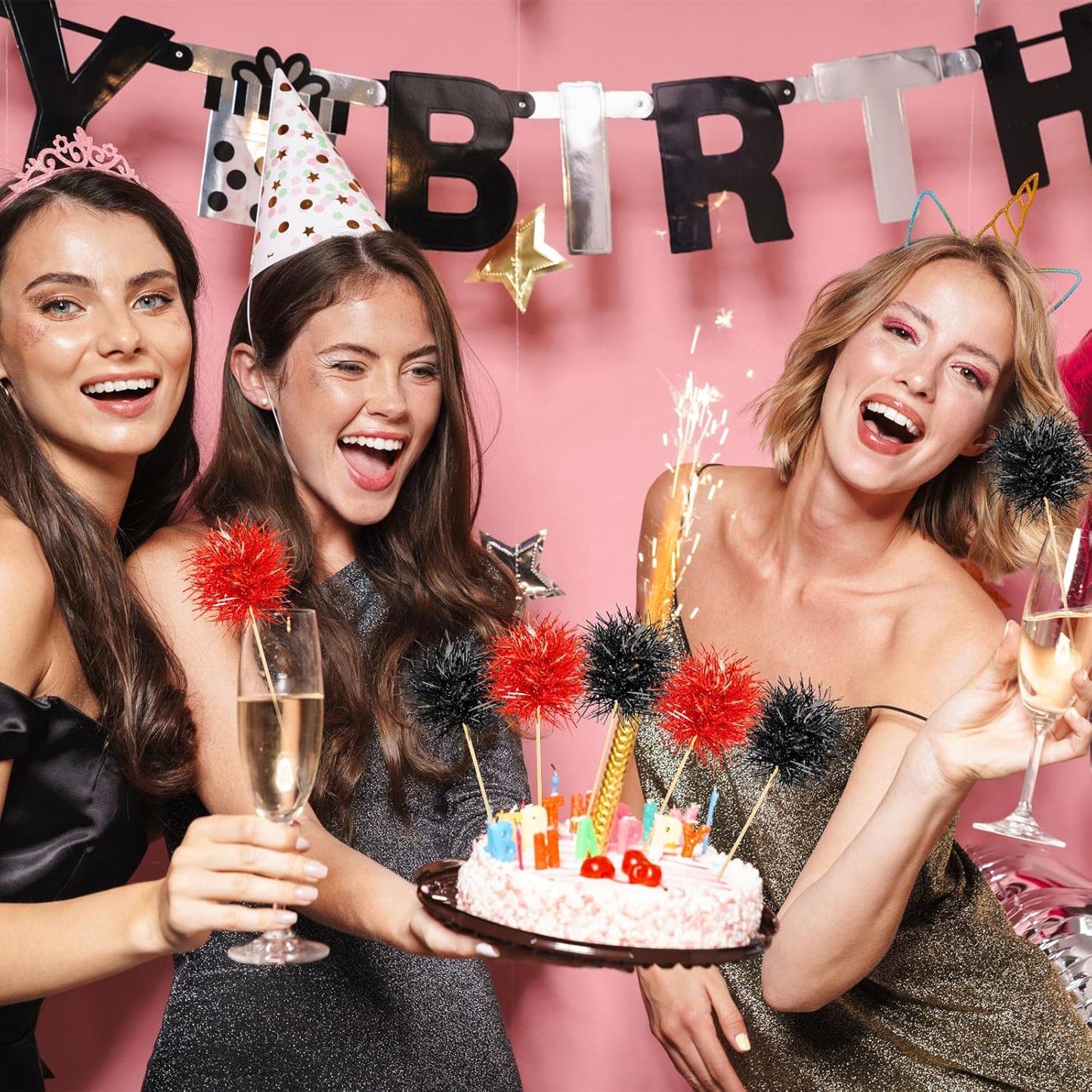 Chinco 100 Pcs Foil Firework Cupcake Toppers Sparkle Tinsel Cake Toppers Cake Decoration Cocktail Fruit Toothpick for Birthday Wedding Graduation Party(Red, Black)