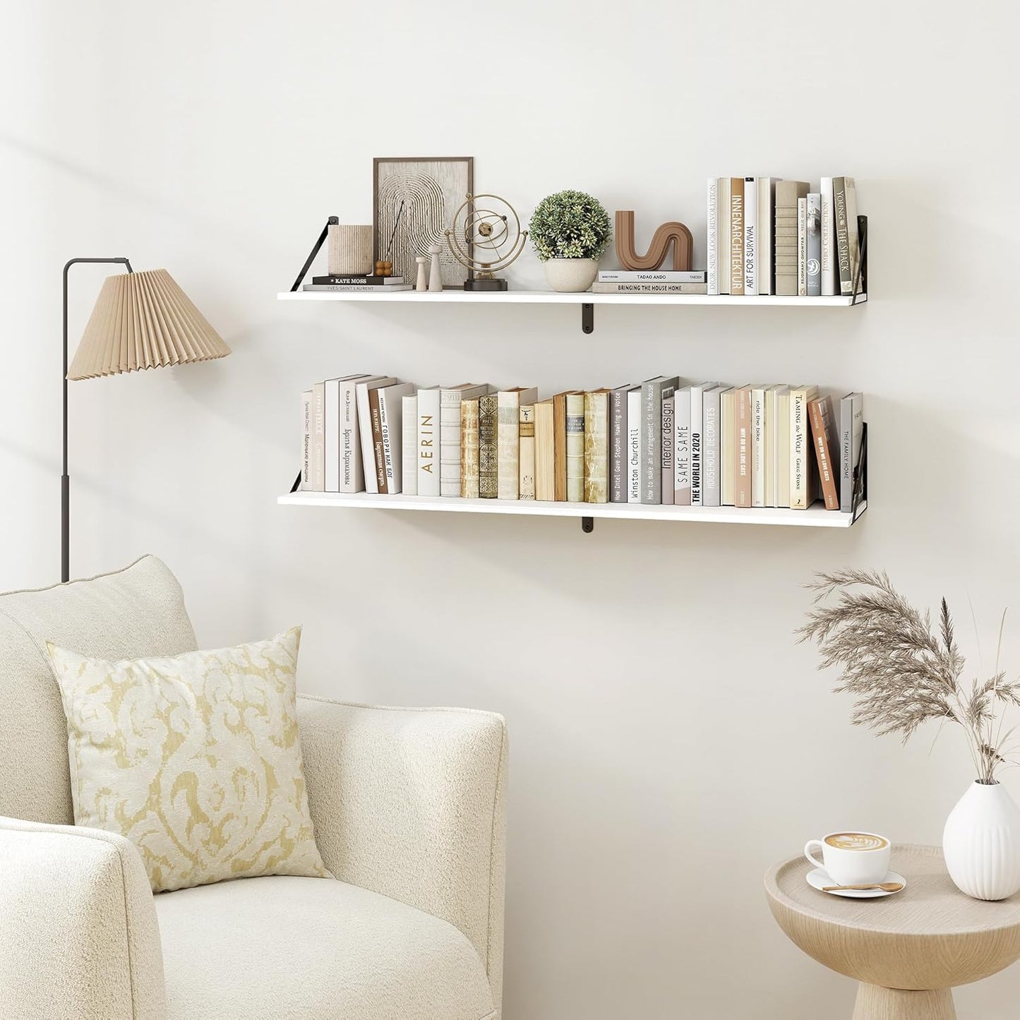 Heimlove White Deep Floating Shelves for Wall, 40W x 8D Wood Wall Shelves Set of 2, Wide Floating Bookshelf for Living Room, Kitchen, Office, Bedroom and Decor Storage, with Black Bracket - White