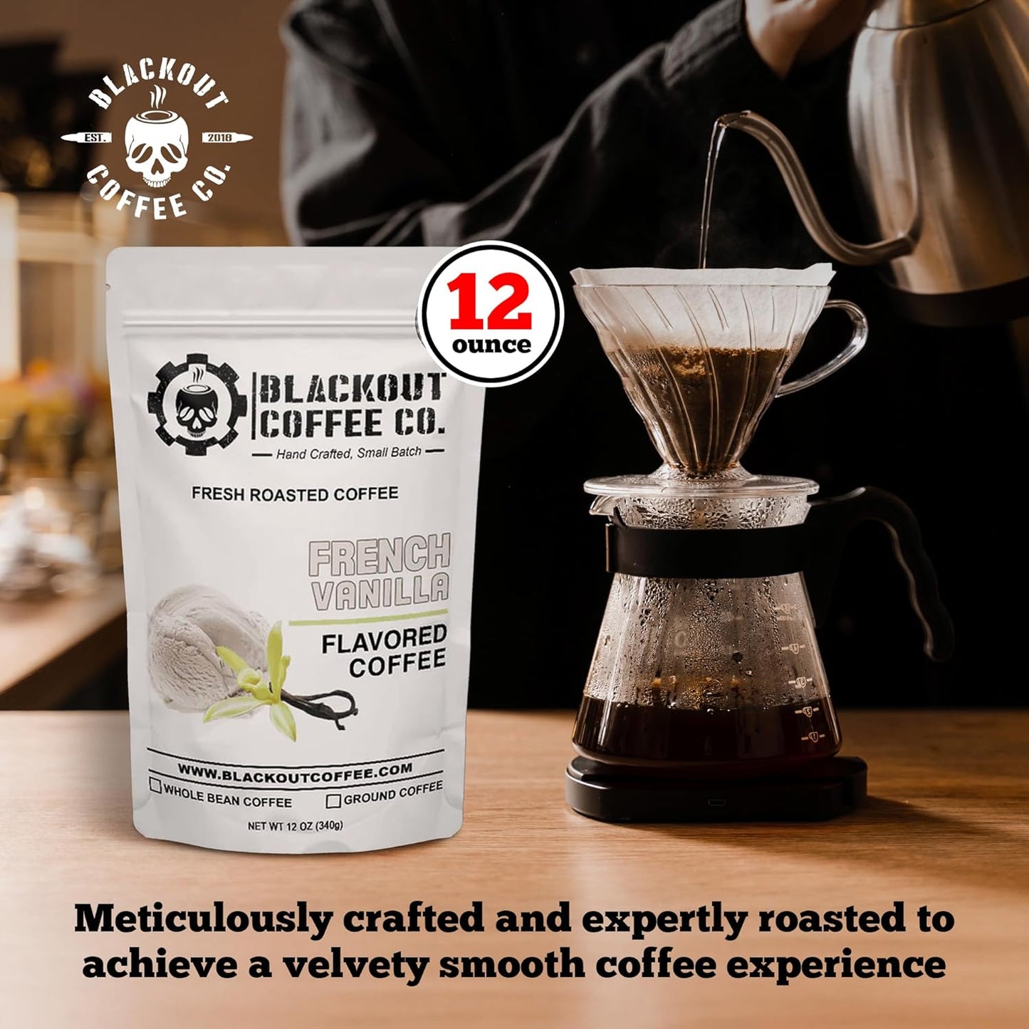 Blackout Coffee French Vanilla Flavored Coffee - Ground Coffee, Fresh Roasted In the USA,12 oz Pouch