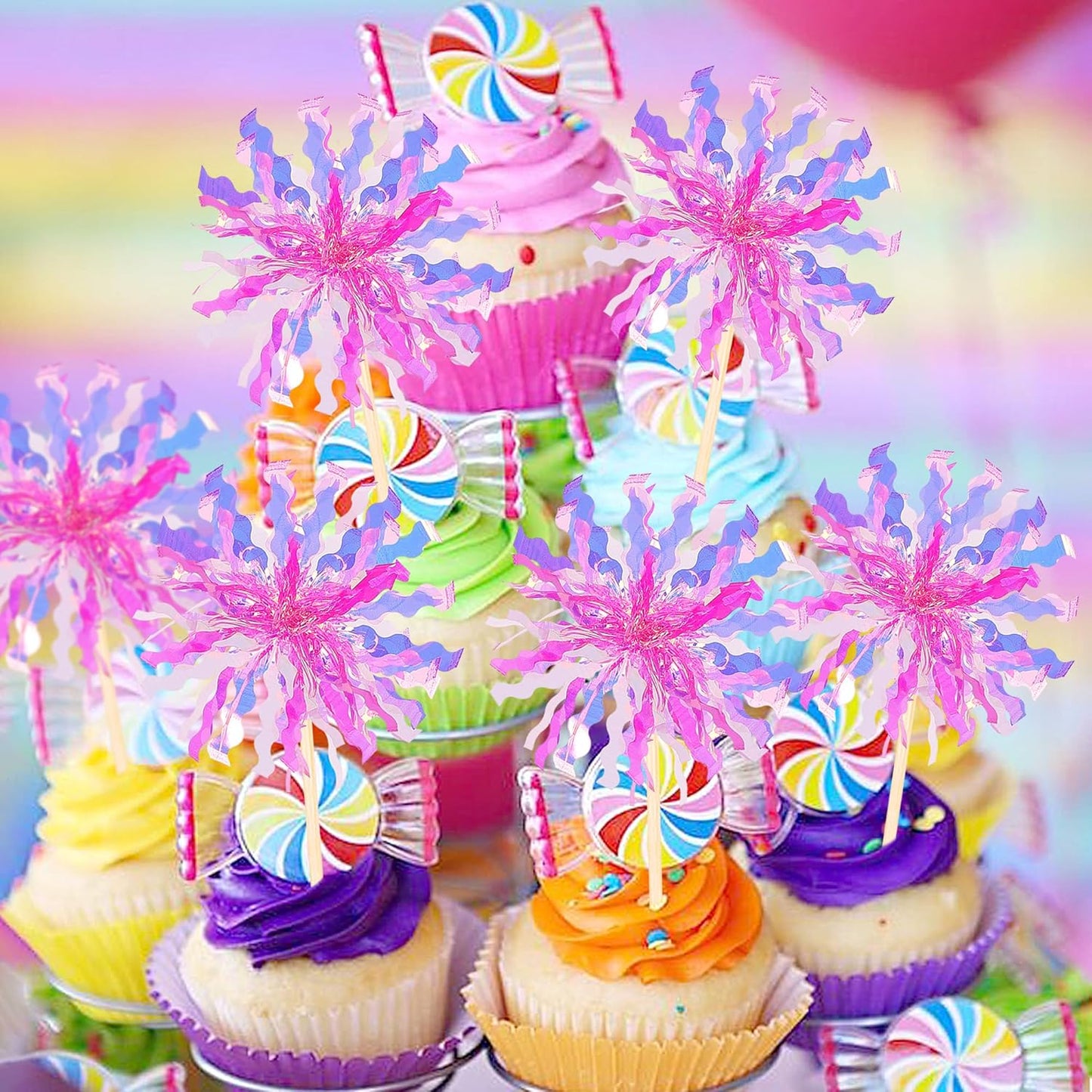 30 PCS Foil Firework Cupcake Toppers Sparkle Tinsel Cupcake Picks Happy Birthday Cake Decorations Drink Stirrers Cocktail Food Fruit Toothpicks for Baby Shower Graduation Party Supplies Rose Red