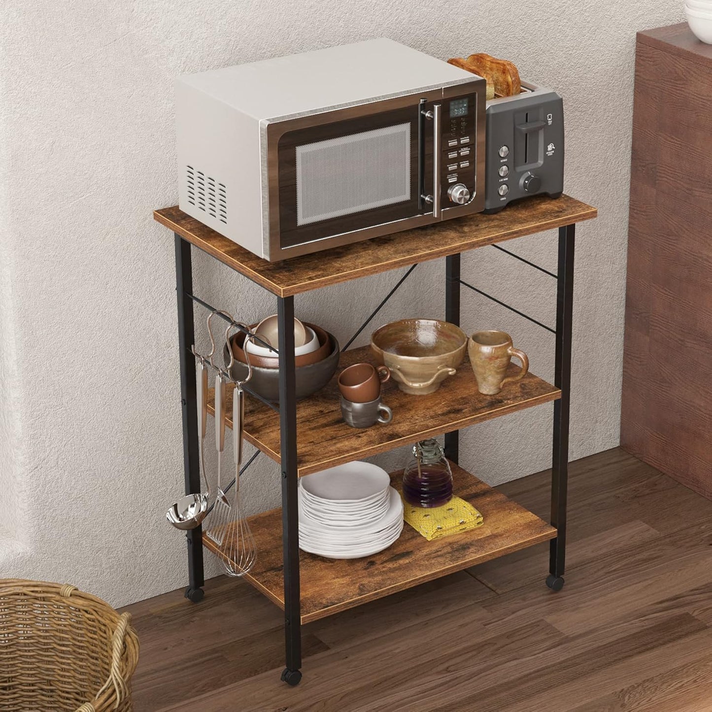 DlandHome Microwave Cart Stand 23.6 inches, 3-Tier Kitchen Baker's Rack Utility Storage Shelf Microwave Stand for Kitchen Organizer Workstation Shelf (Retro)