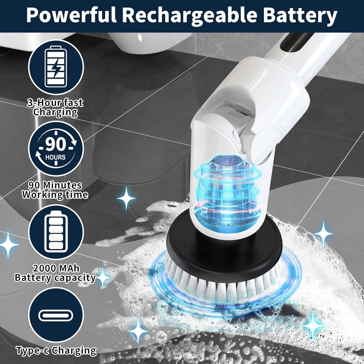 Electric Spin Scrubber - Cordless Cleaning Brush with Digital Display, 2 Speeds, 8 Brush Heads, IPX7 Waterproof, Adjustable Long Handle for Bathroom, Tub, Tile, Shower, and Car