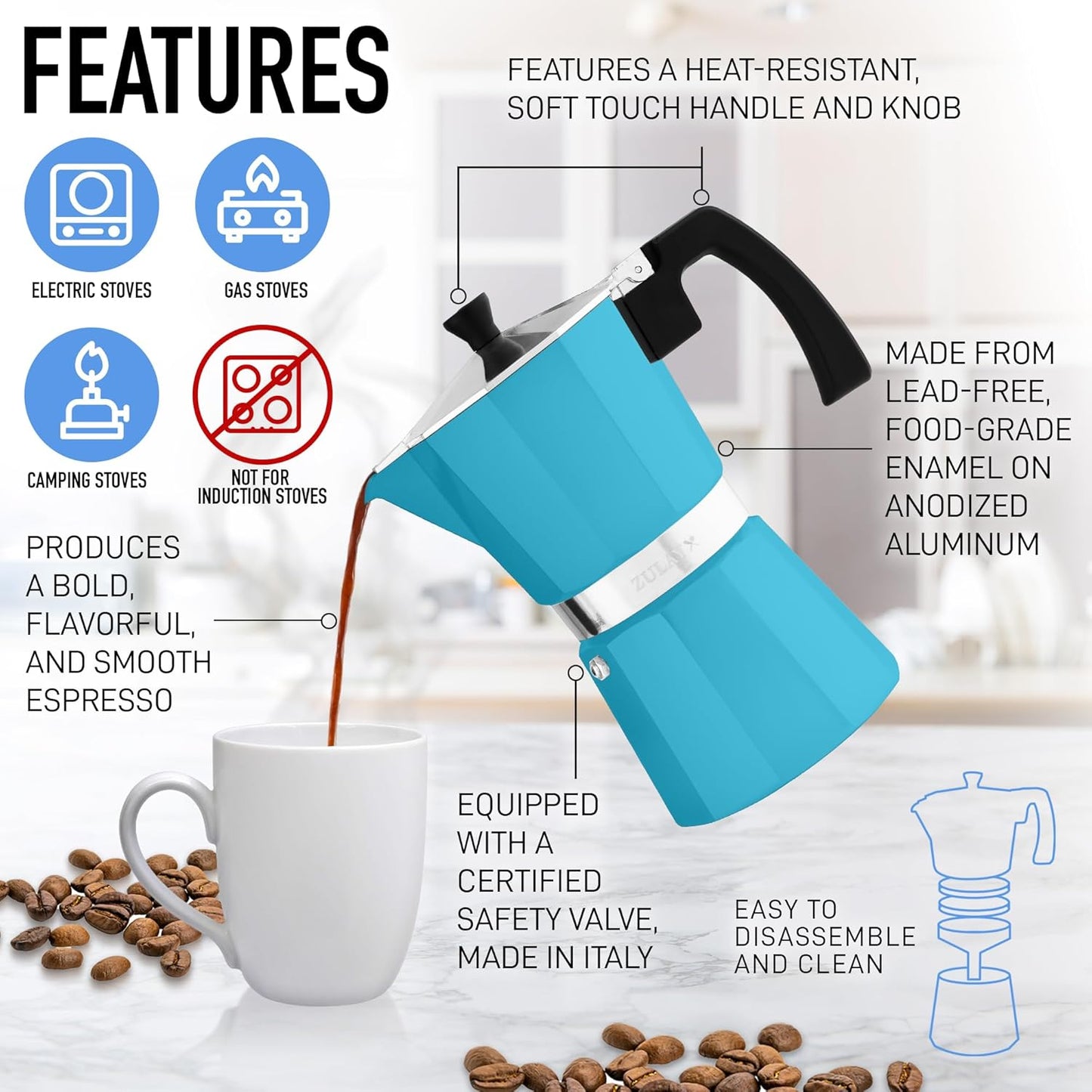 Zulay Premium Moka Pot Espresso - Leak-Proof Stovetop Espresso Maker - Perfect for Authentic Cuban & Italian Style Espresso - Makes 6 Espresso Cups - Light Blue