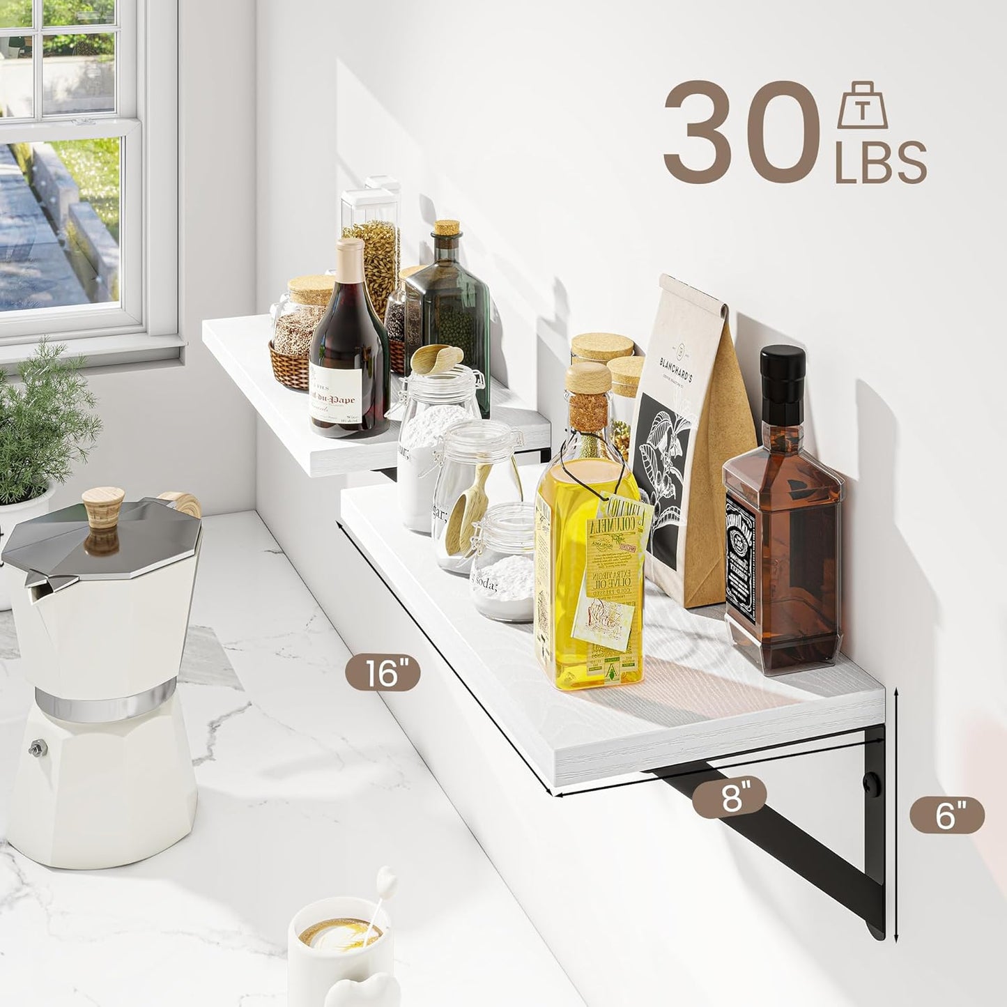 Dreamland White Floating Shelves for Wall, 16W x 8D Wall Mounted Shelves Set of 2, Floating Shelves Bedroom with Sturdy Metal Brackets for Living Room, Bathroom and Kitchen