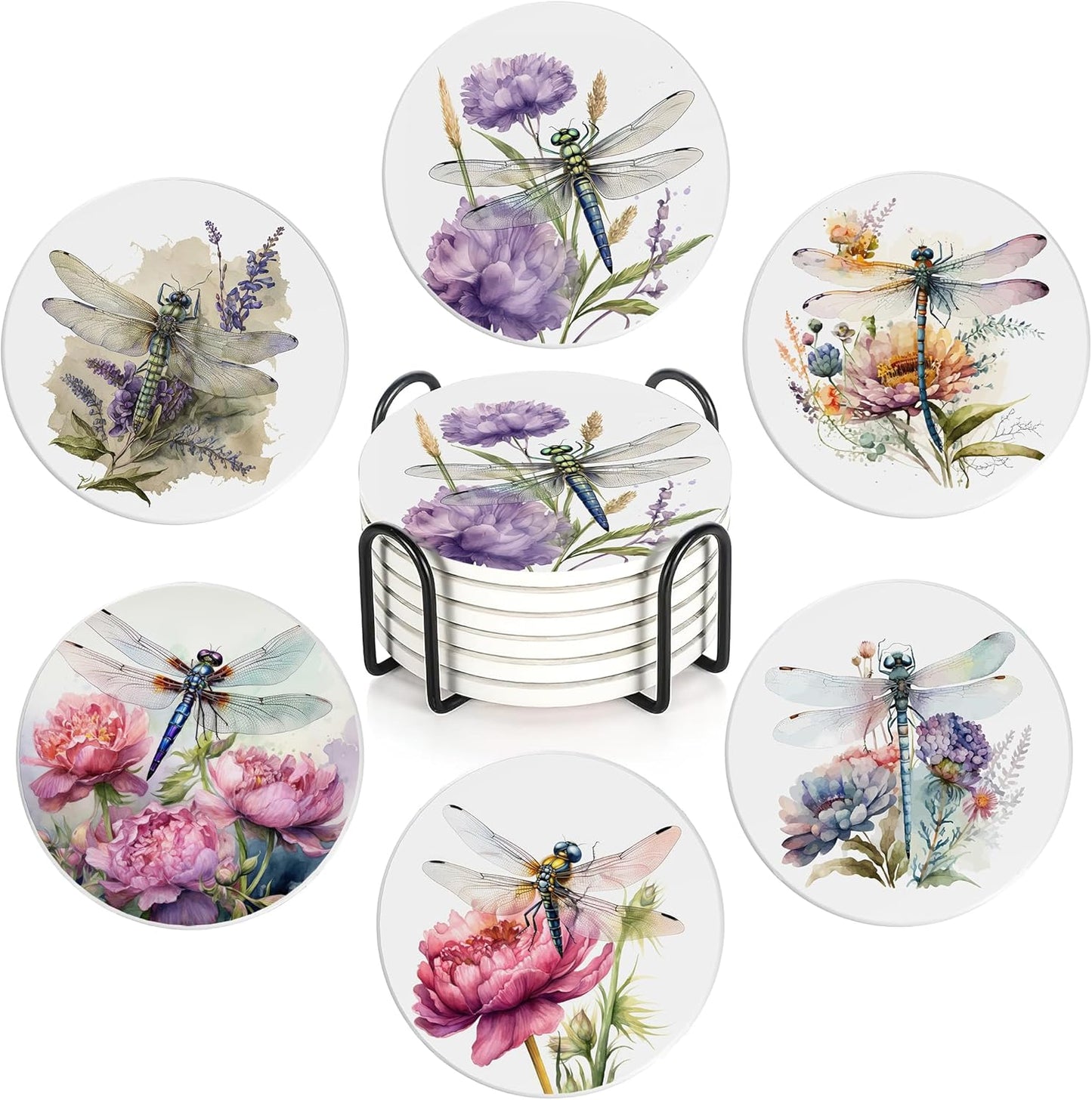 Coaster for Drinks Set of 6, Dragonfly Flower Absorbing Round Ceramic Stone Coaster with Cork Base,Tabletop Protection Mat for Mugs and Cups,Coffee Table Wine Glass Home Bar 4 Inch