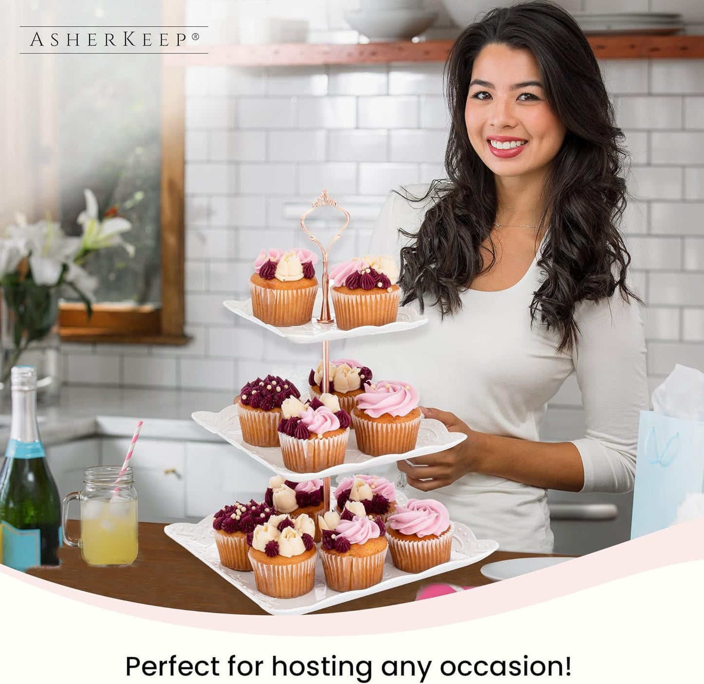 3 Tier Cupcake Stand - Dessert Table Display Set, Tiered Serving Cake Tray, White Embossed Dessert Stand, Parties Serving Plate, Decorative Centerpiece to Any Occasion - (Square)