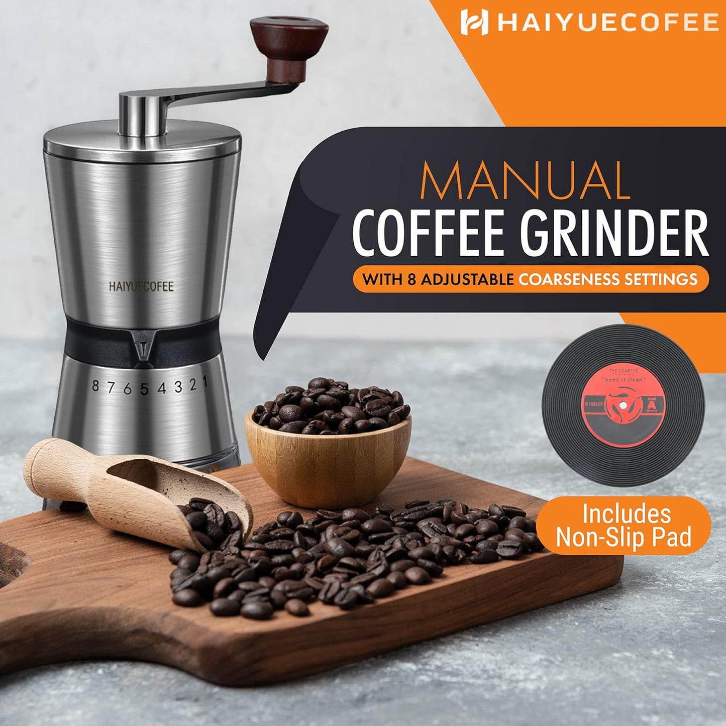 Manual Coffee Grinder with 8 Adjustable Coarseness Settings, Hand Crank Coffee Mill with Ceramic Burr for Espresso Beans, French Press, Pour Over, Drip Coffee – Rustproof, Non-Dulling