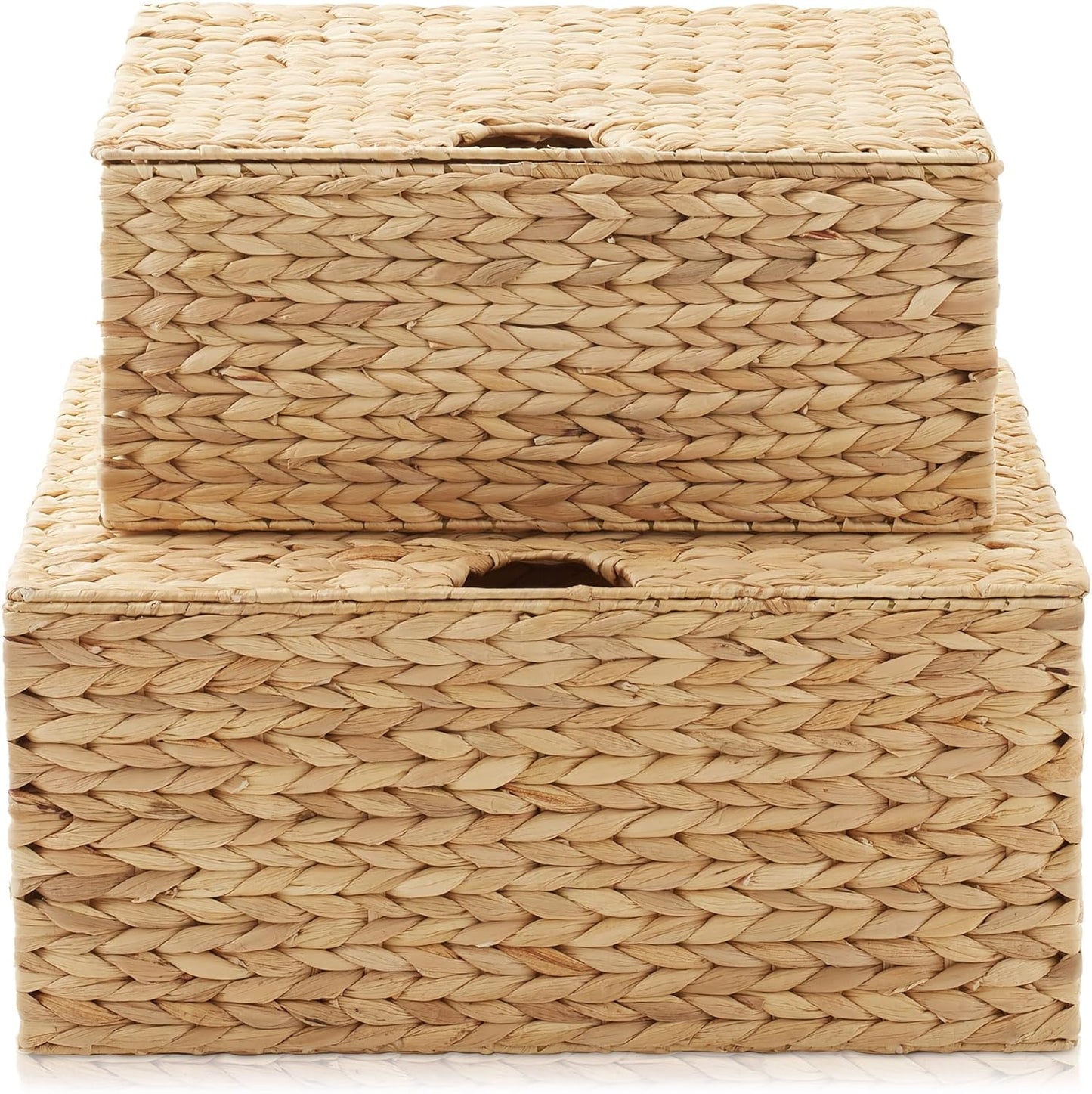 Casafield Set of 2 Water Hyacinth Rectangular Storage Baskets with Lids (Natural - Medium/Large) for Bedroom, Bathroom, Laundry, Home Office