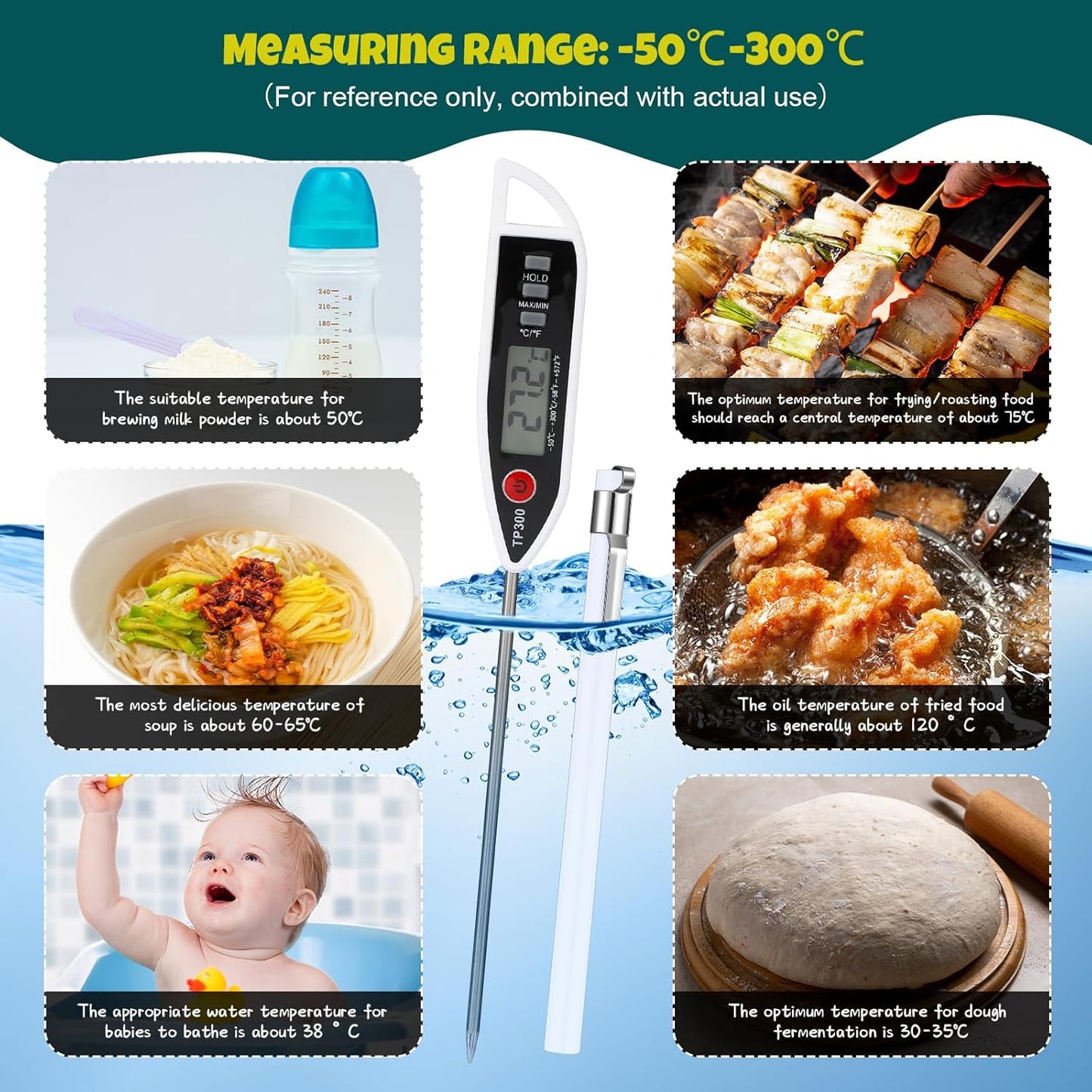12 Set Waterproof Food Thermometer for Water, Liquid, Candle and Cooking Digital Meat Thermometer with Long Probe Instant Read for Kitchen BBQ Grill Candy (White)