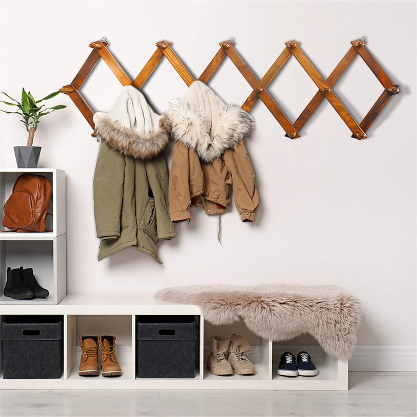 Dseap Accordian Wall Hanger: 16” High Wooden Wall Expandable Coat Rack, Hat Rack Holder, Accordion Hook for Baseball Caps, Coats, Mugs, 16 Peg Hooks, Brown