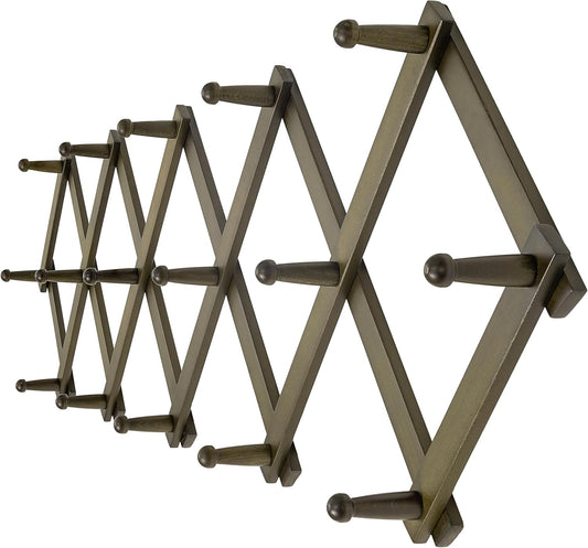 Dseap Accordion Wall Hanger:16'' High Wooden Wall Expandable Coat Rack,Hat Rack Holder,Accordion Hook for Baseball Caps,Coats,16 Peg Hooks,Dark Walnut