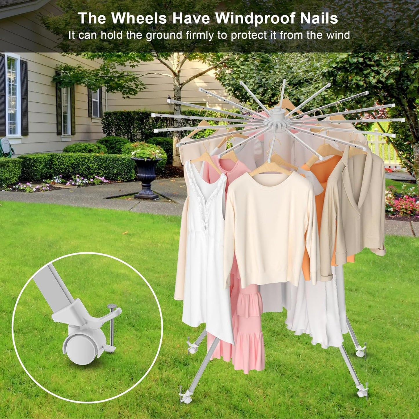 4-Legged Clothes Drying Rack Foldable, Outdoor Collapsible Drying Rack Clothing, Portable Laundry Drying Rack with 4 Pulleys, Aluminum Alloy Dry Rack for Clothes, Indoor, Balcony, Poolside, Camping