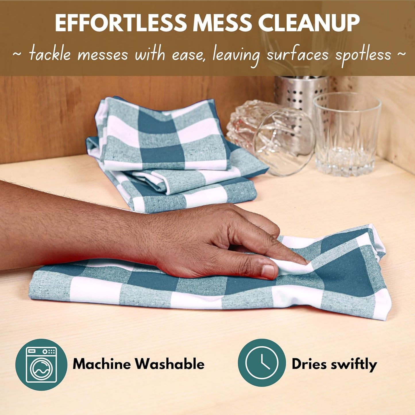 Native Fab 4-Pack Kitchen Towel with Hanging Loop 16x26 inches, Cotton Buffalo Check Kitchen Towels for Cleaning Drying, Washcloths Soft & Absorbent Cloth Rags, Bar Towel, Dish Cloth, Teal Green