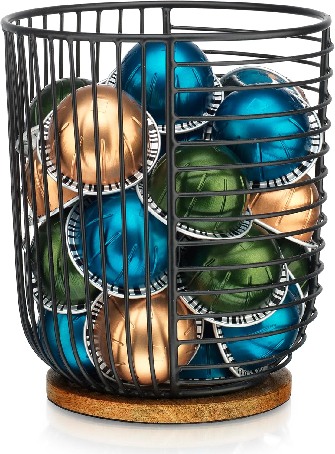 Coffee Pod Holder -Black Wire K Cup Storage with Wooden Base - Large Capacity Slim Design - Modern Coffee Basket Decor for Kitchen Countertop for Keurig Kcups & Espresso Capsules