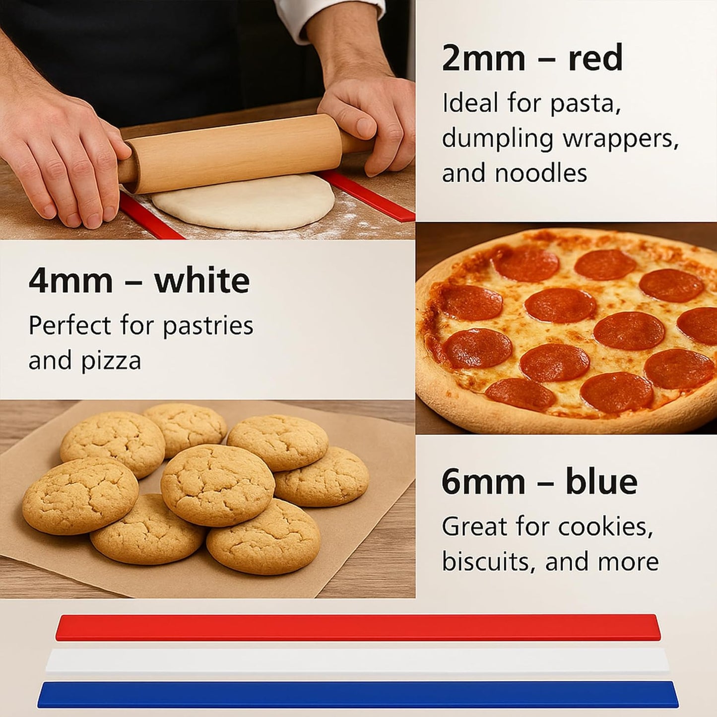 Set of 6 Rolling Pin Guides for Dough Thickness, 100% Silicone Pastry Ruler Baking Strip, Cookie Sticks, Guide Leveler, Measuring Size with Food Grade Precision, for Pastry Perfection, Length 19 Inch