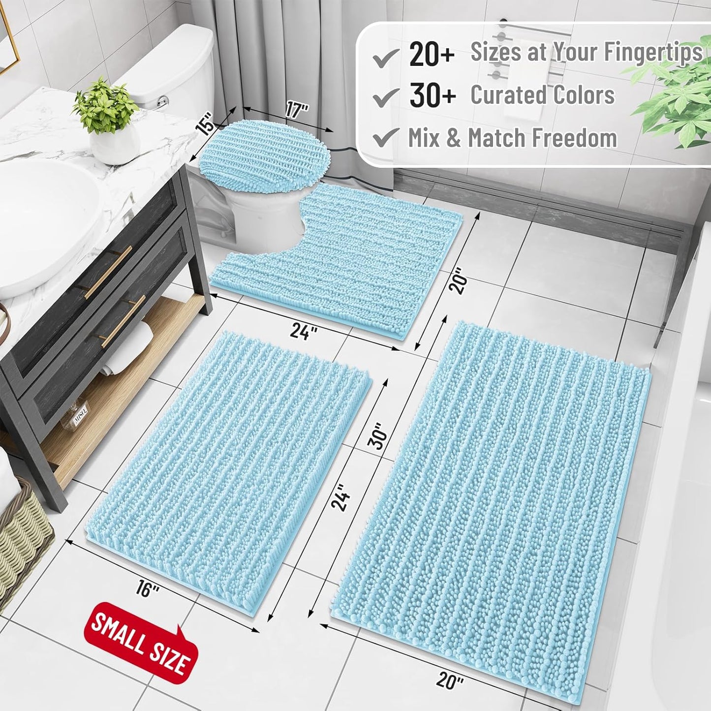 Arotive Luxury Chenille Bathroom Rug Mat, Extra Soft Thick Absorbent Shaggy Bath Rugs, Non-Slip Machine Wash Dry, Plush Bath Mats for Bathroom, Shower and Tub, 47x24, Blue