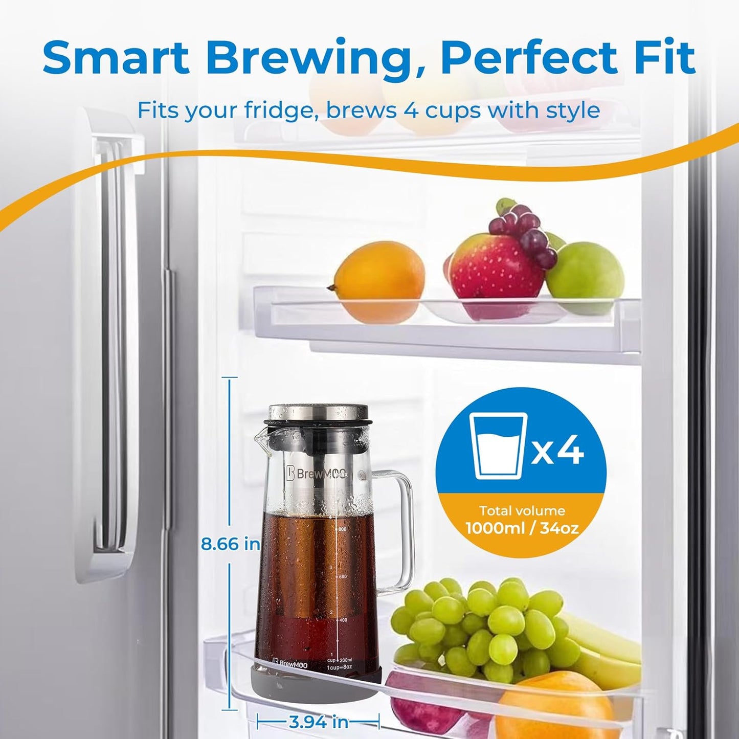 Sleek Cold Brew Coffee Pitcher & Iced Tea Maker - 1.0L/34oz Borosilicate Glass Carafe with Stainless Steel Filter, Sealed Lid & Integrated Handle, Dishwasher Safe (Black)