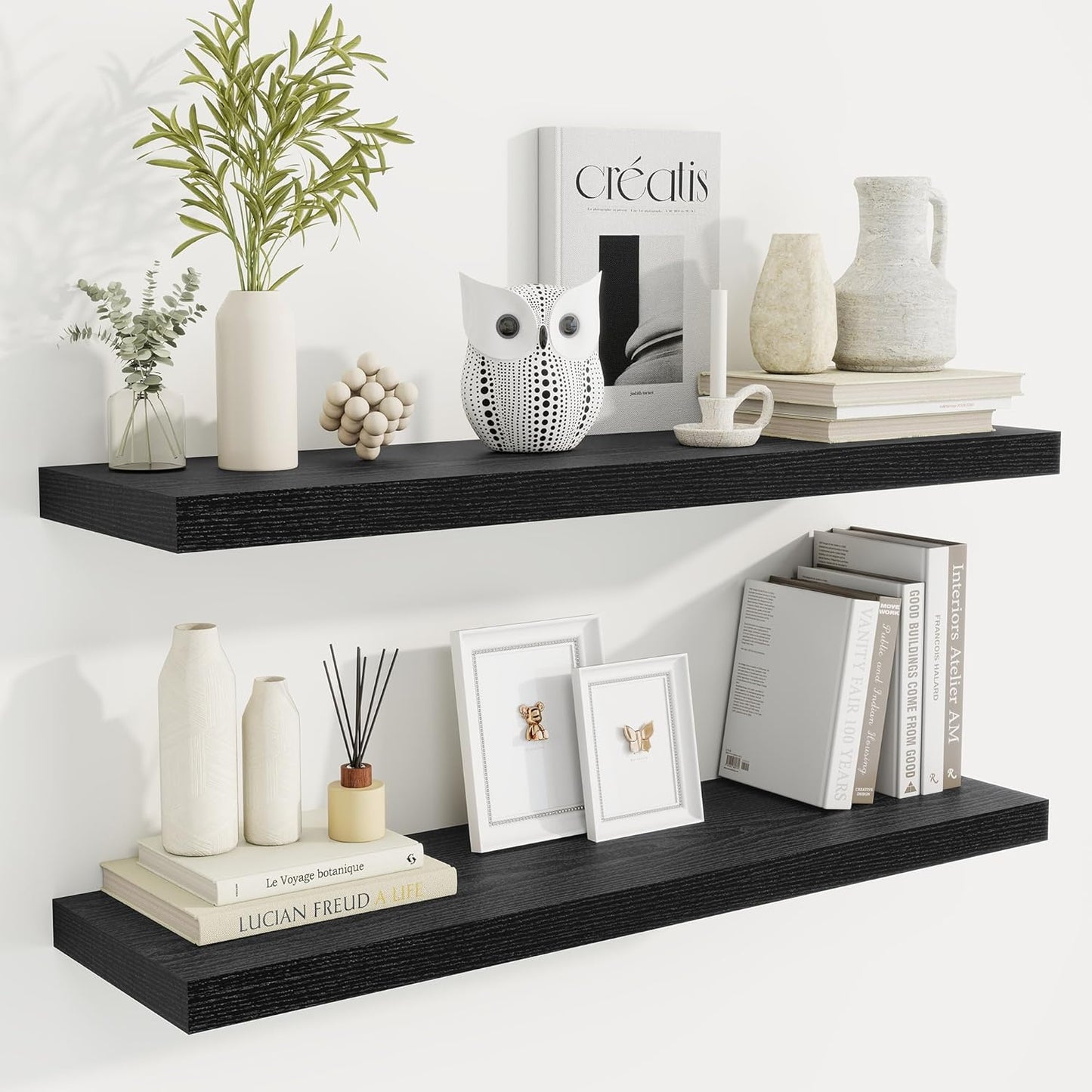 36 Inch Floating Shelves, 9.3 Inch Deep Rustic Wall Shelves - Extra Deeper Wall Mounted Storage Shelves for Bathroom, Kitchen, Living Room (Black, Set of 2)