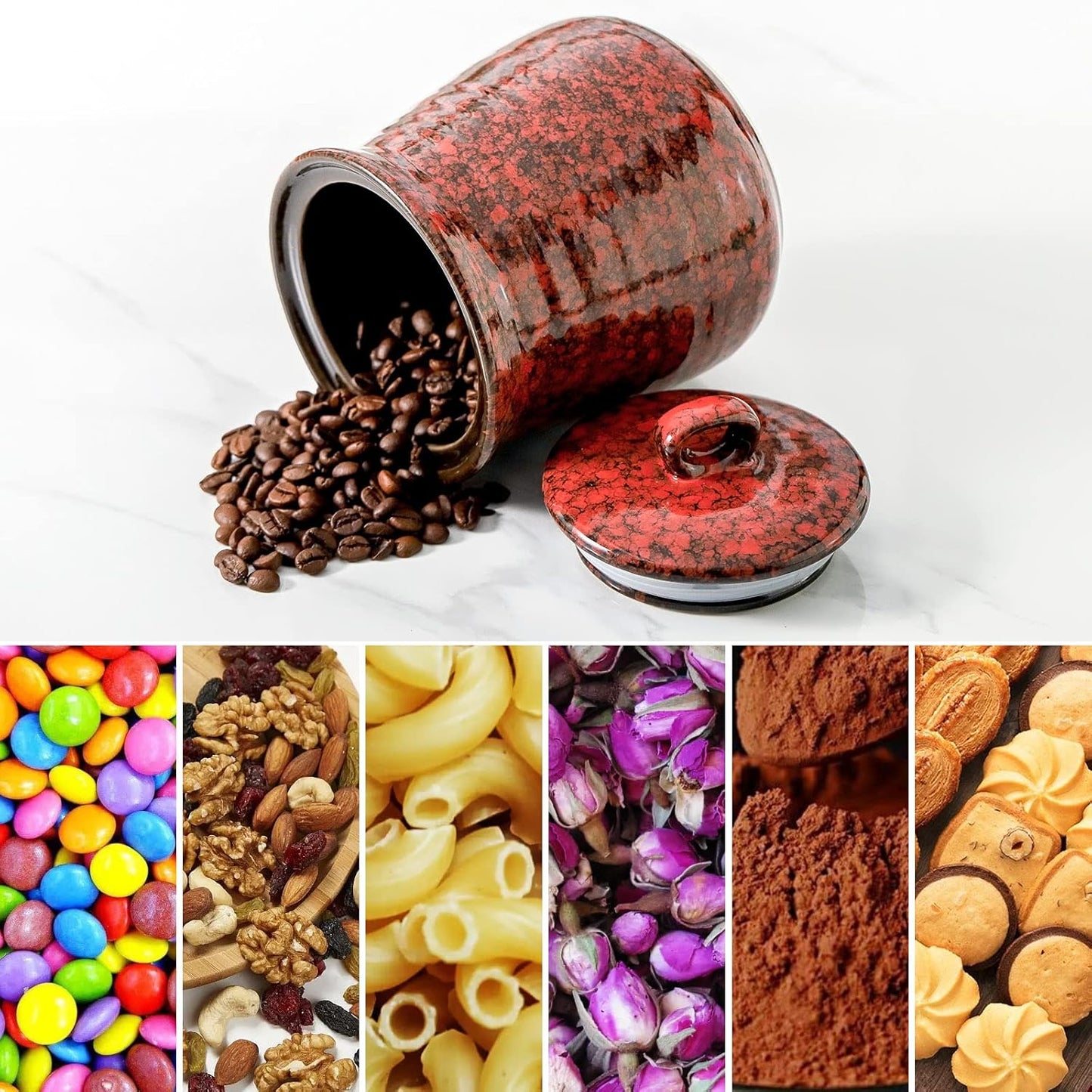 Hasense Ceramic Food Storage Jar, Coffee Canister with Lid, Cookie Candy Jar for Kitchen and Home, Serving for Dog Treat Sugar Loose Tea Flour Coffee Beans, 30 FL OZ(Red)