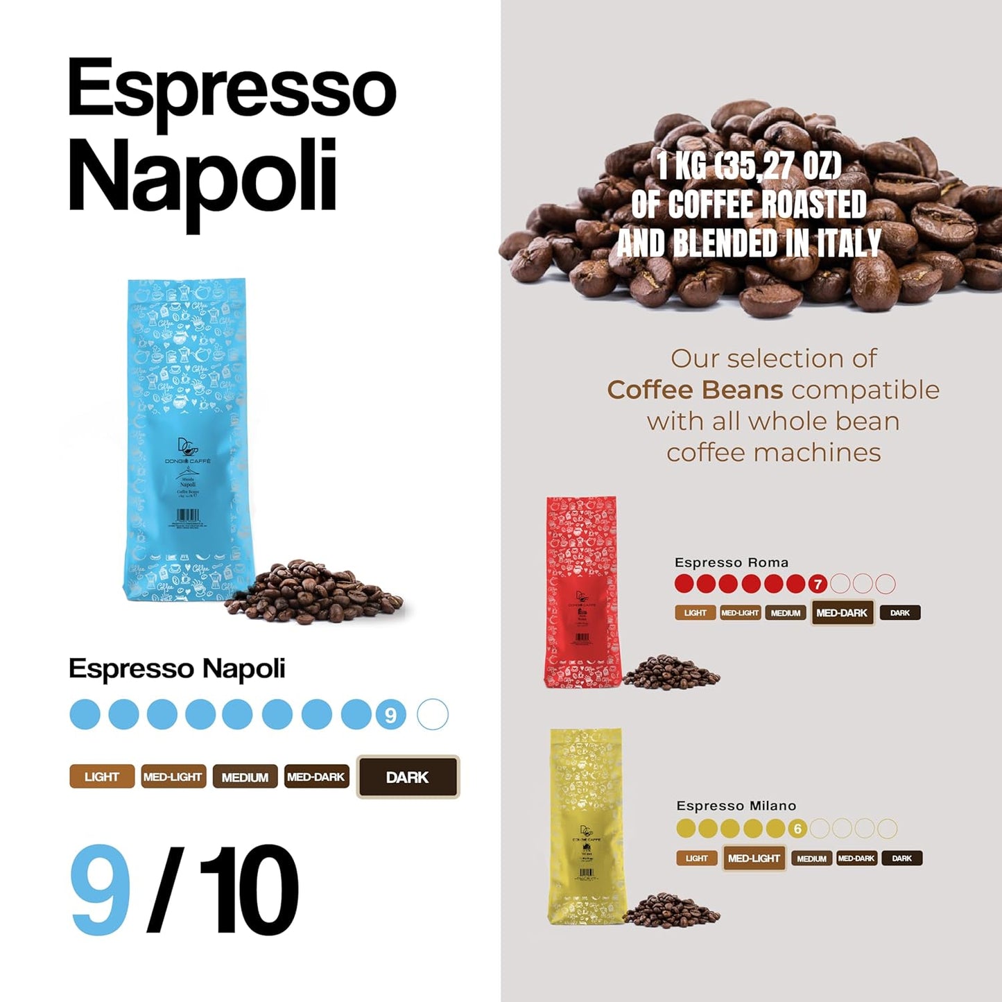 Dongiò Caffè Napoli Blend - Whole Bean Coffee, Dark Espresso Roast, Premium Coffee Quality, 2.2 Pounds (35.2 Oz - Pack of 1), Strong and Incisive Character with Velvety Cream