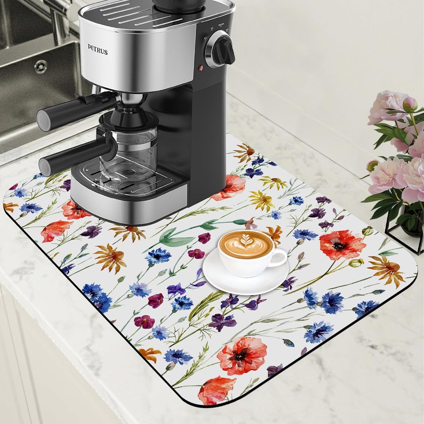 Watercolor Flowers Coffee Mat Daisy Dish Drying Mat for Kitchen Counter Absorbent Hide Stain Rubber Backed Coffee Bar Accessories Fit Under Espresso Machine Dish Drainer 11.8 x 19.7 Inch