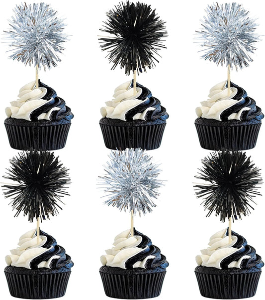 Gyufise 30Pcs Foil Firework Cupcake Toppers Sparkle Tinsel Cake Toppers Tinsel Drink Cake Decoration Cocktail Picks for Birthday Wedding Graduation Party Supplies Black Silver