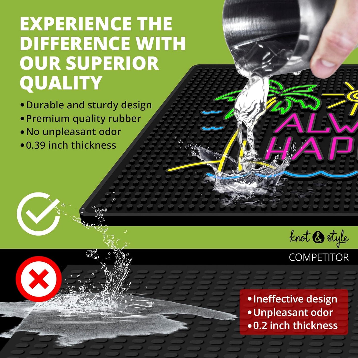 Premium Quality Always Happy Hour Bar Mat, Tiki Bar Mat for Bartending 18x12, Outdoor Tiki Bar Decor, Durable Bar Mats for Countertop, Drying Mat for Home Bar, Perfect Home Bar Accessories Xmas Gift